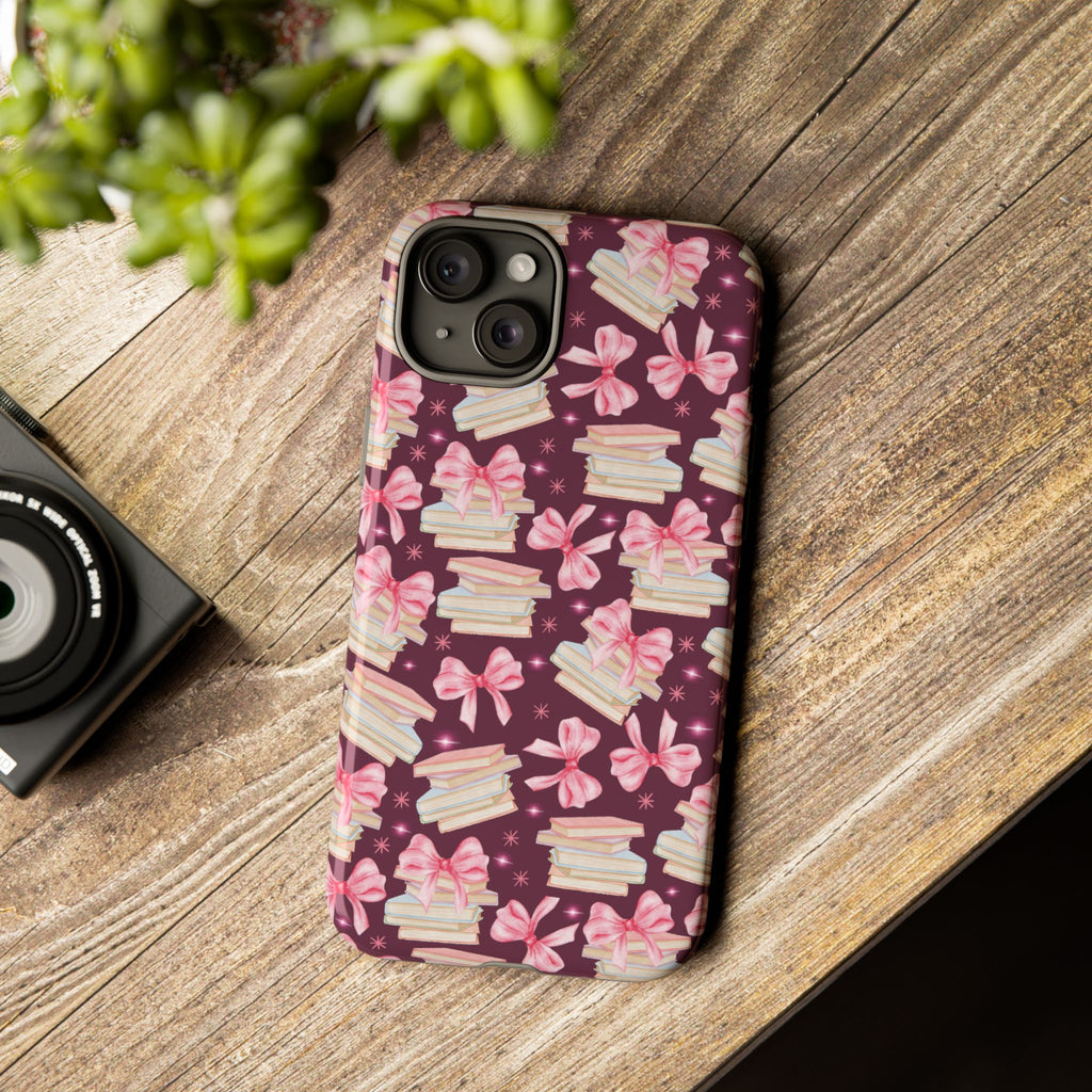 Coquette Pink Bows & Books Phone Case for iPhone 17 and Samsung, Pixel | Stylish Protective Cover Gift for Her Perfect for Floral Lover