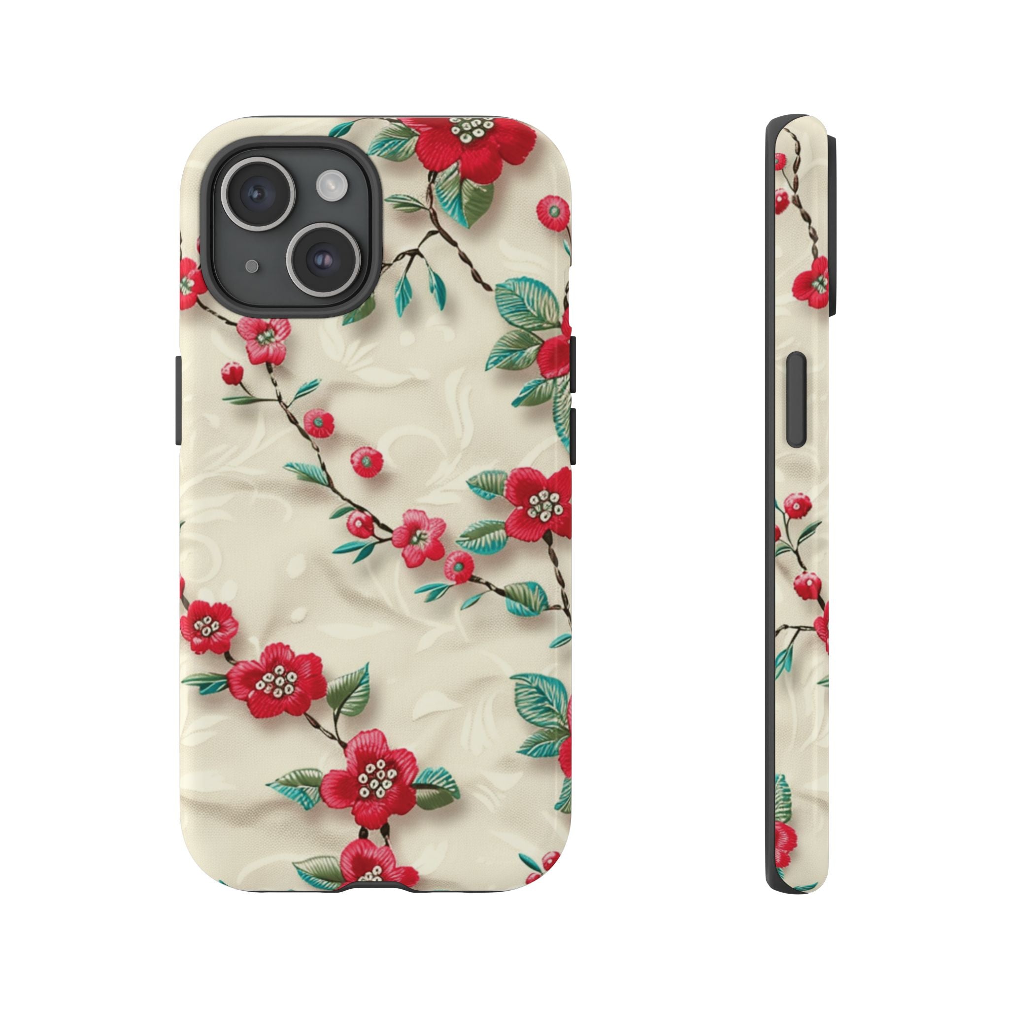 3D Embroidery Illusion Red Flowers Phone Case for iPhone, Samsung Pixel Artistic Floral Protection 15 14 13 12, 21 23 Gift for Her Perfect for Floral Lover