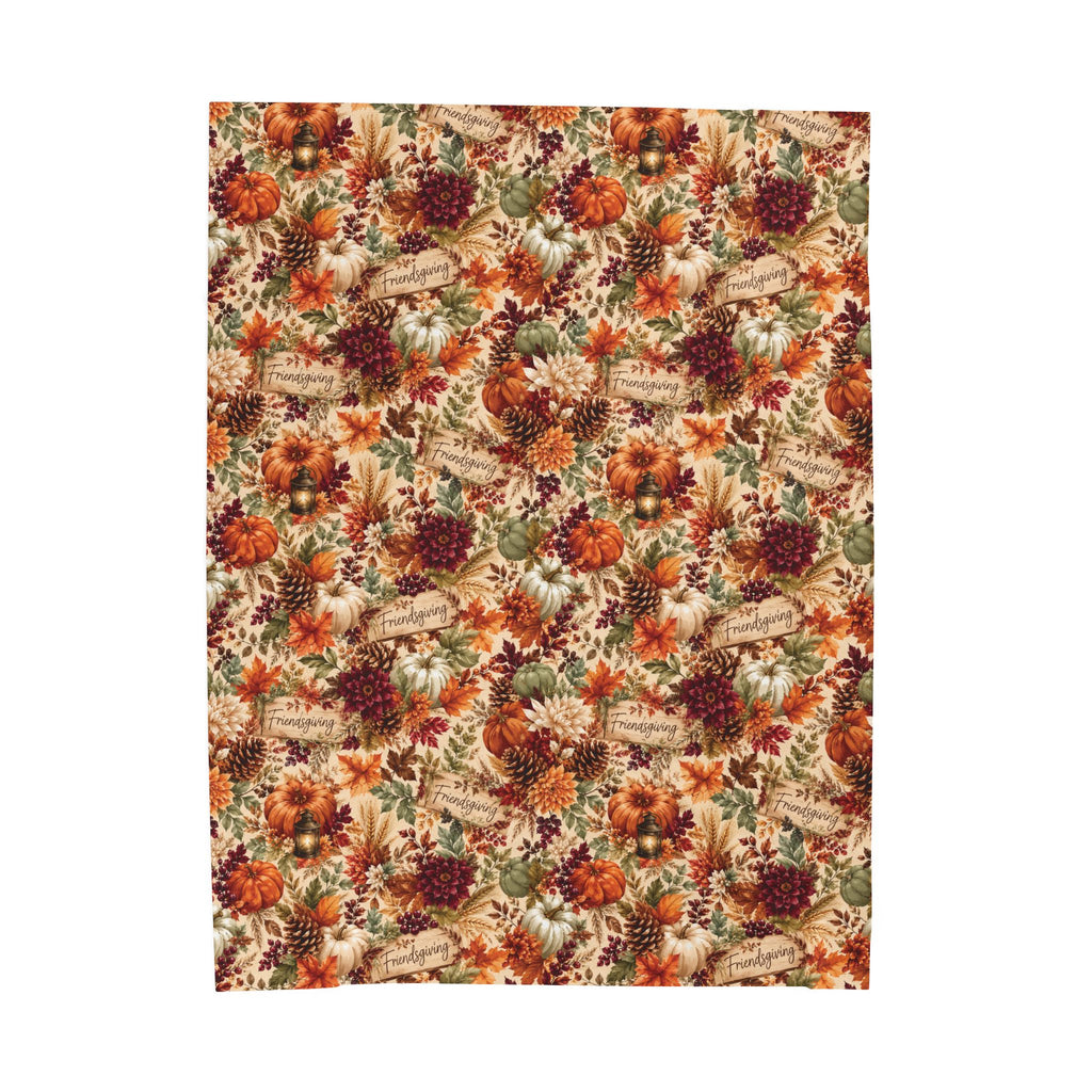 Autumn Harvest Floral Velveteen Plush Blanket | Fall Leaves Pumpkins Mum Pattern