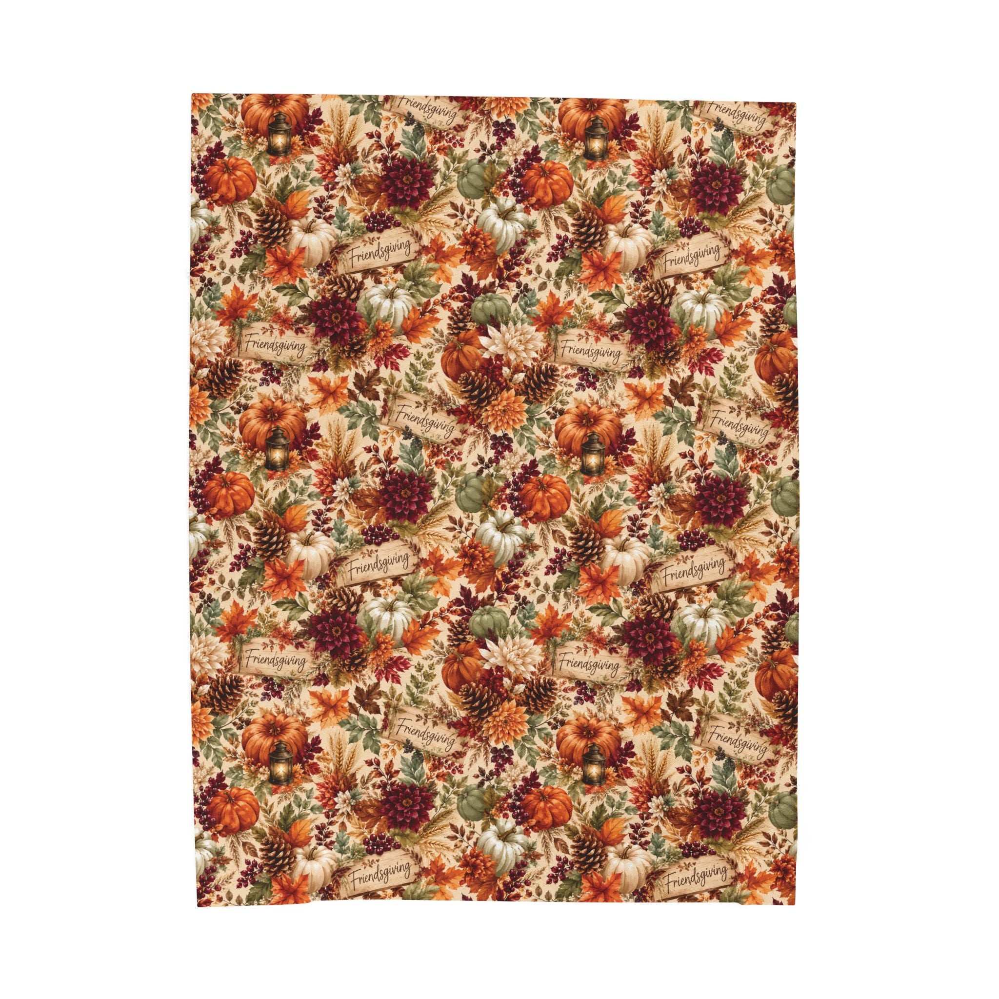 Autumn Harvest Floral Velveteen Plush Blanket | Fall Leaves Pumpkins Mum Pattern