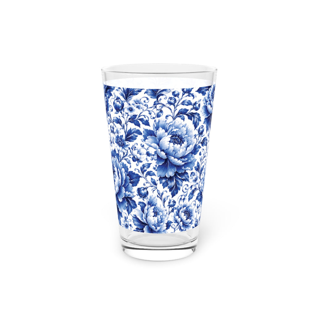 Blue & White Chinoiserie Peony 16 oz Pint Glass | Elegant Floral Drinkware Parties