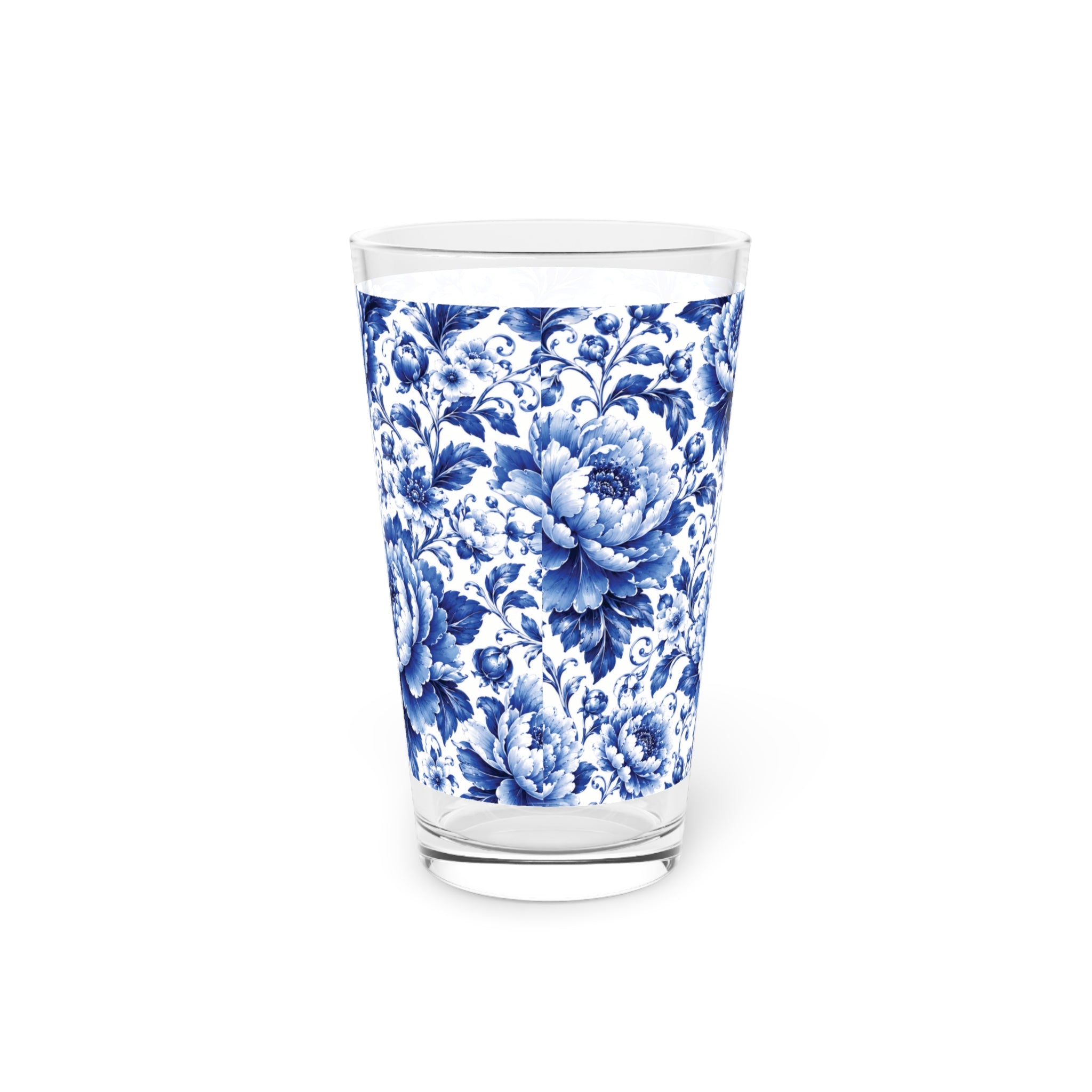 Blue & White Chinoiserie Peony 16 oz Pint Glass | Elegant Floral Drinkware Parties