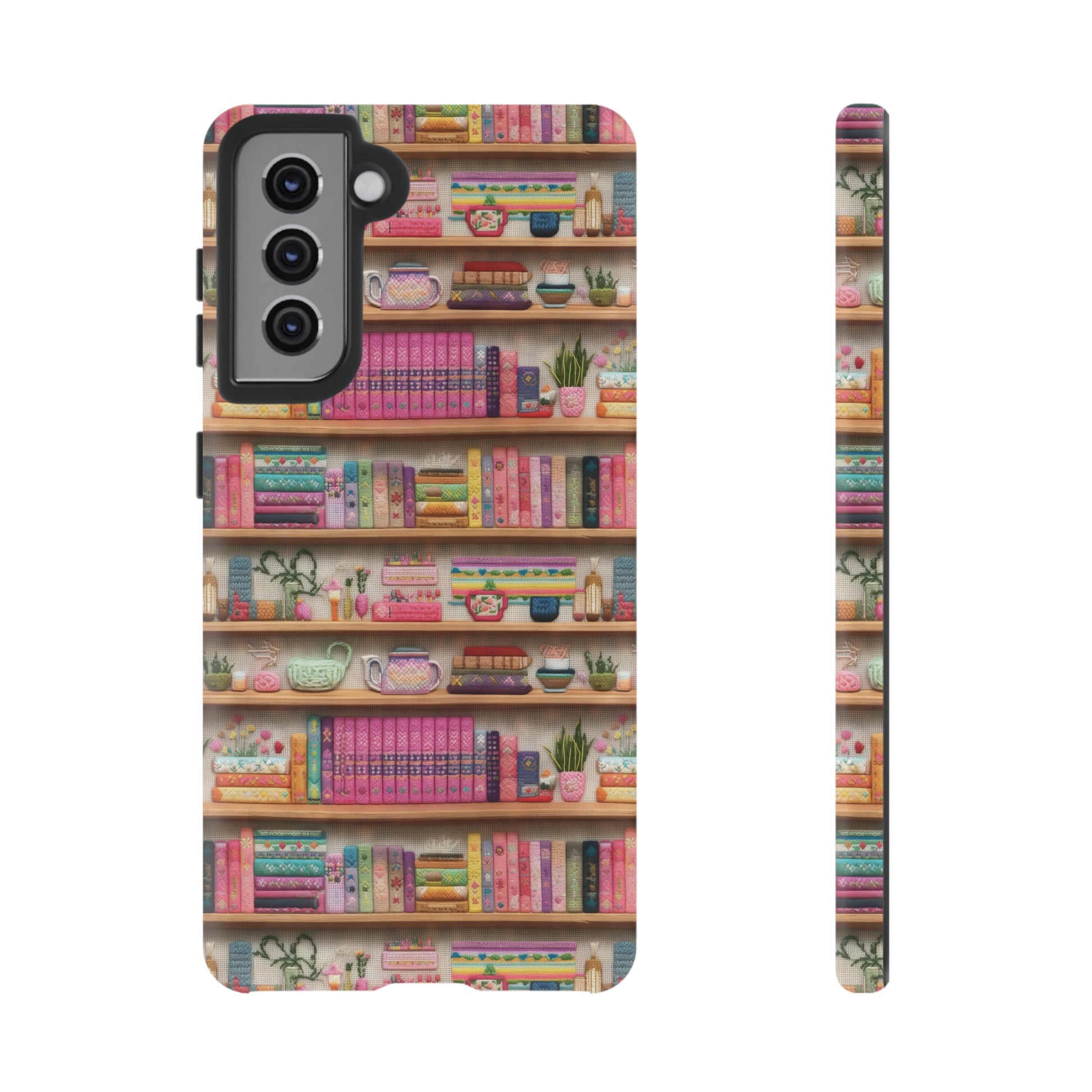 Phone Case 3D Illusion Books & Shelf Embroidery Design with Vibrant Colors Gift for Her Phone 15, Samsung iPhone Samsung Gift for Her Case iPhone 15, Samsung iPhone Samsung Accessory Gift for Her.