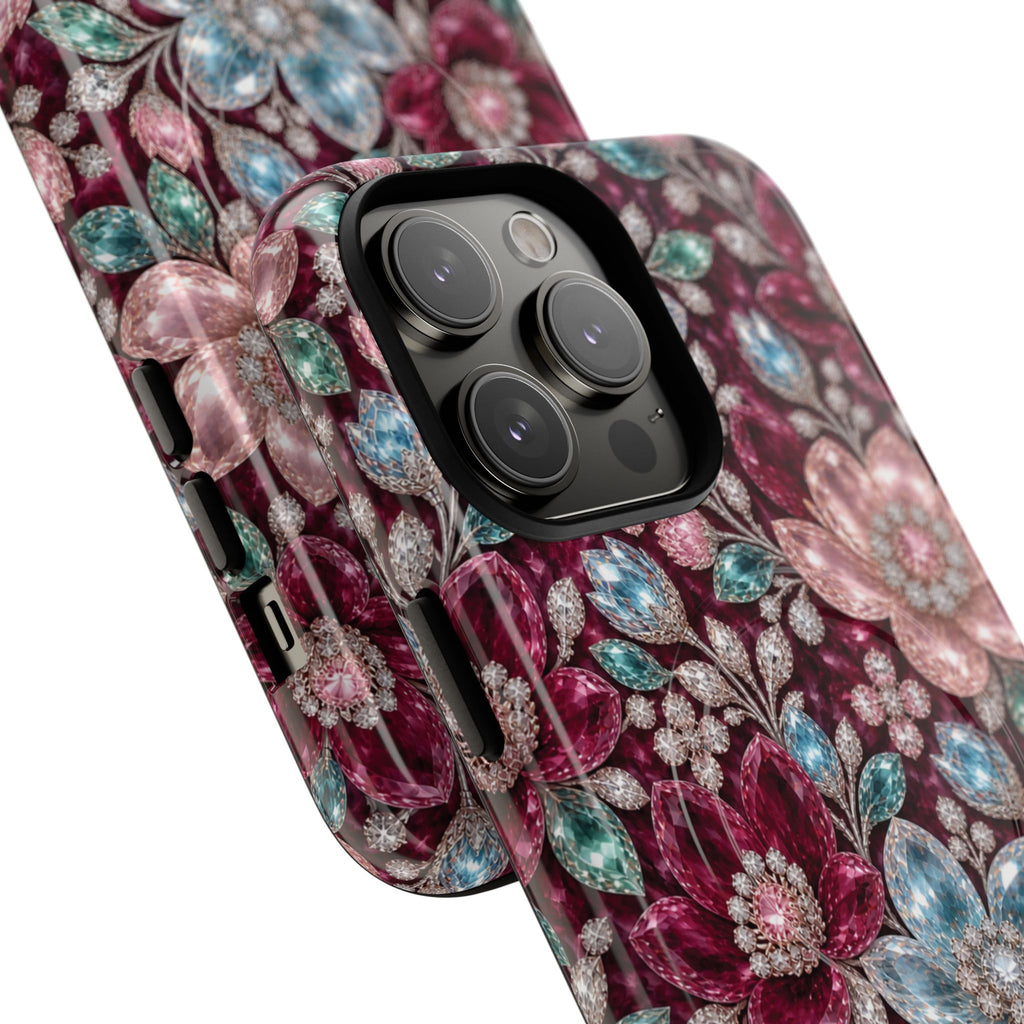 Floral faux Jewel Phone Case Sparkling Burgundy Flower Tough Magnetic Case 18 iPhone