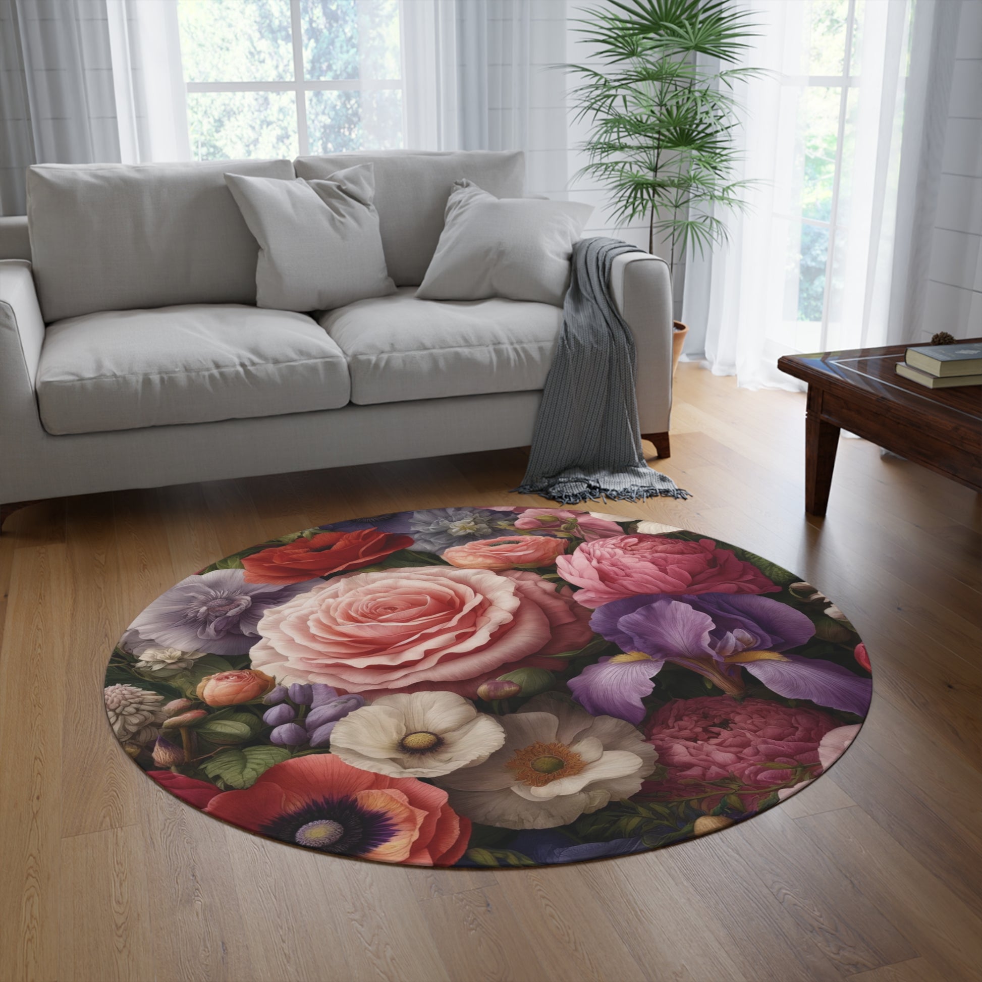 Elegant Floral Symphony Round Rug Ideal for Bedrooms, Hallways, and Home Offices Featuring Luxurious Rose, Peony, Sweet Pea, Poppy, and Clematis Designinterior Designer Livingroom.