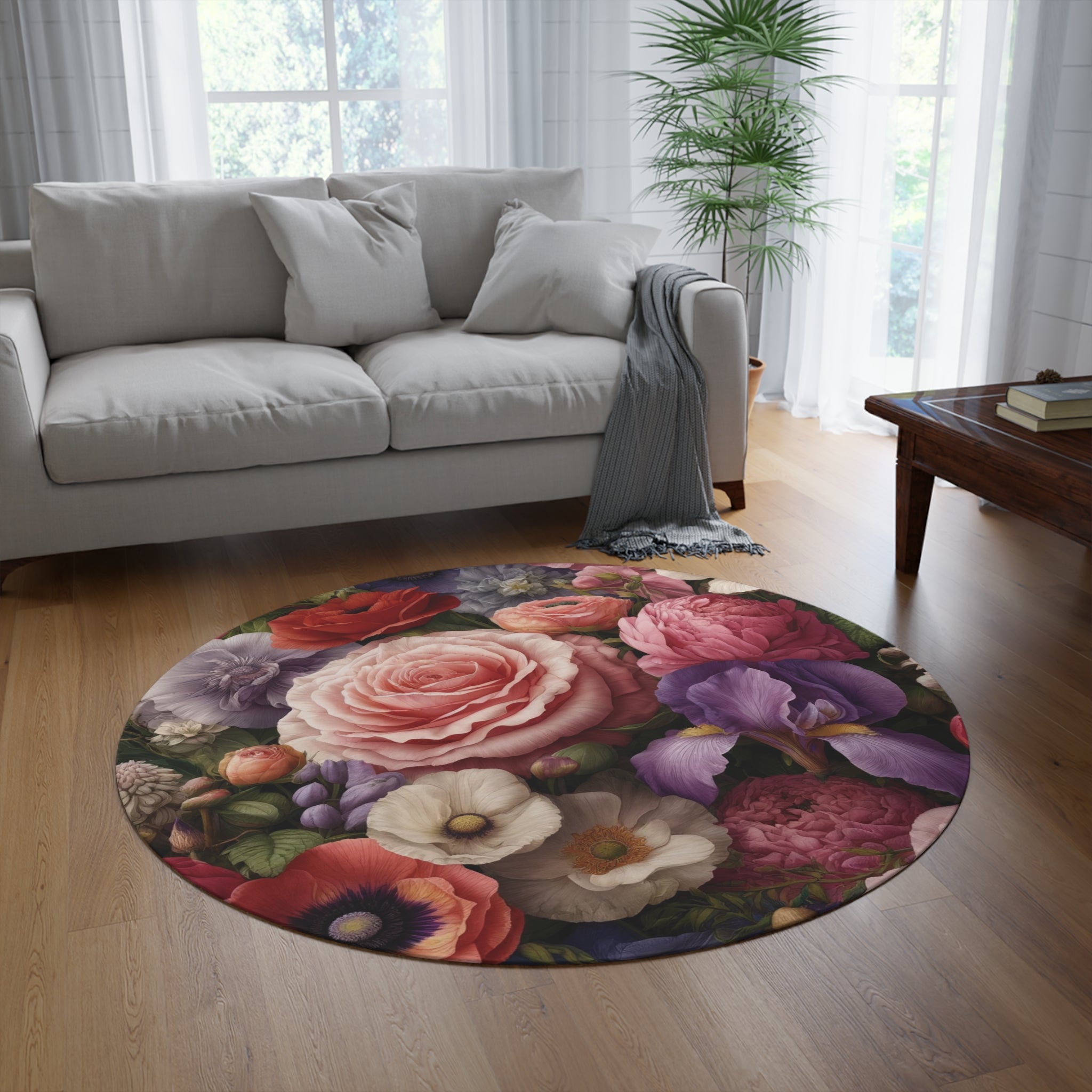 Elegant Floral Symphony Round Rug Ideal for Bedrooms, Hallways, and Home Offices Featuring Luxurious Rose, Peony, Sweet Pea, Poppy, and Clematis Designinterior Designer Livingroom.