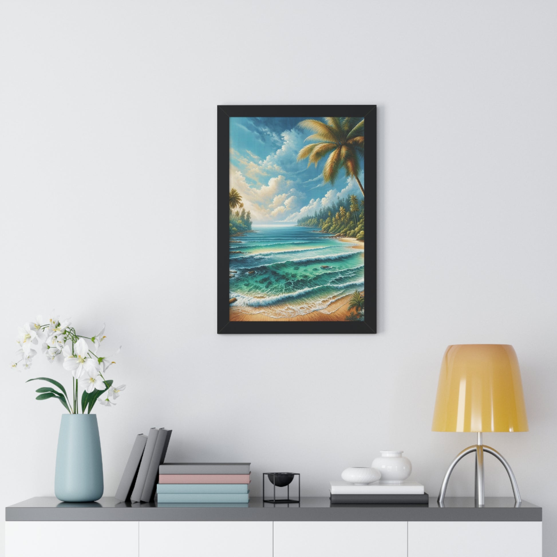Coastal Bliss Ocean Beach View Framed Canvas Wall Art for Home Decor Framed Canvas Print Wall Art Classic Encased in Black, White, or Walnut Frames with Durable Acrylic Protection Ready to Hang  Timelessly Crafted..