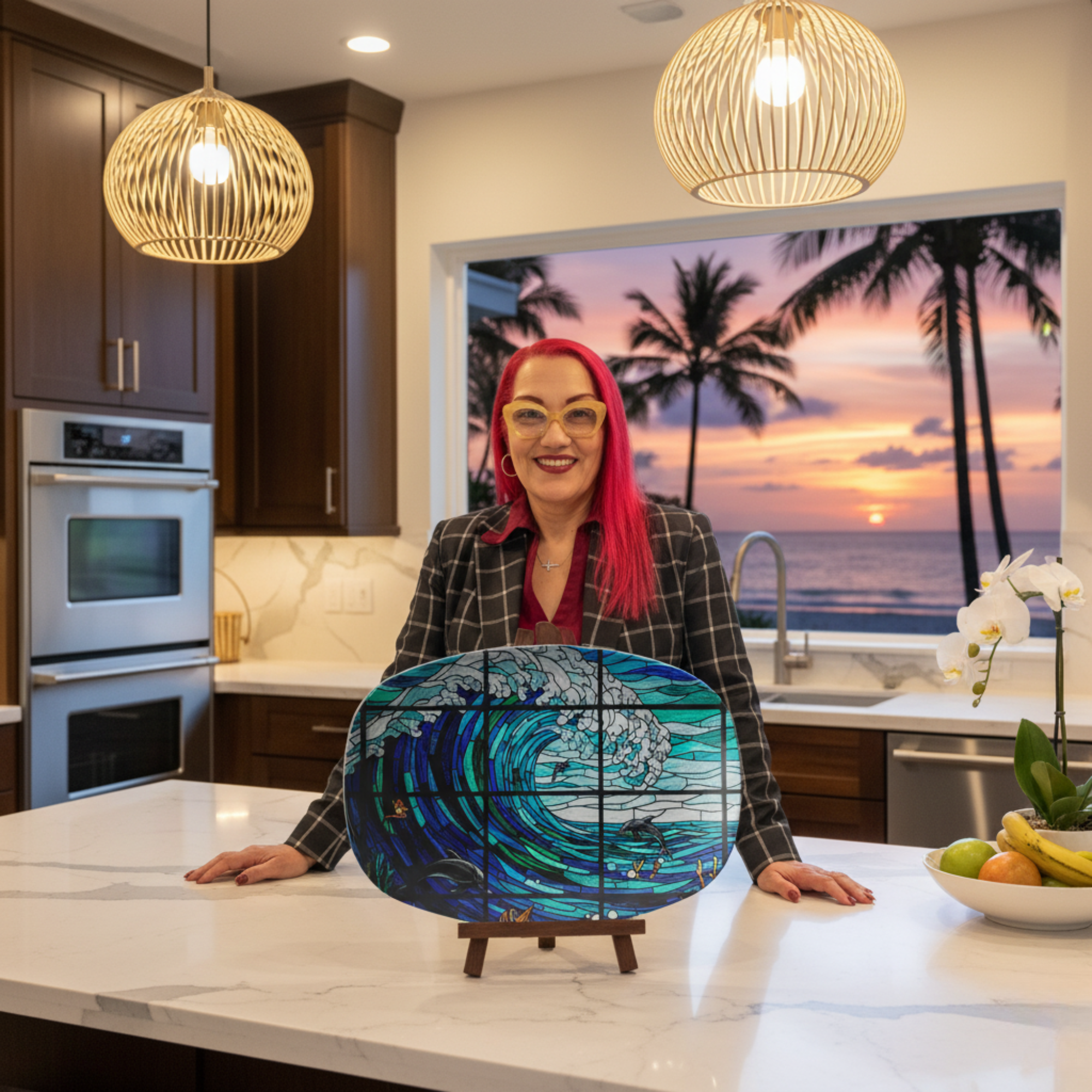 Ocean View Waves Platter Coastal Beach Stained Glass Design Serving Plate