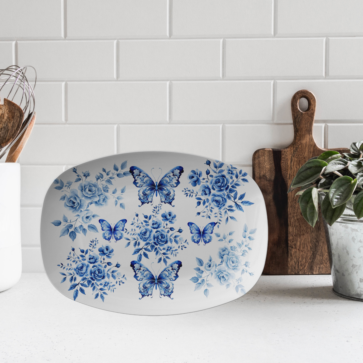 Elegant Chinoiserie Blue 10x14 Platter – Stunning Floral Design, Durable Serving Dish for Dining, Entertaining & Home Decor