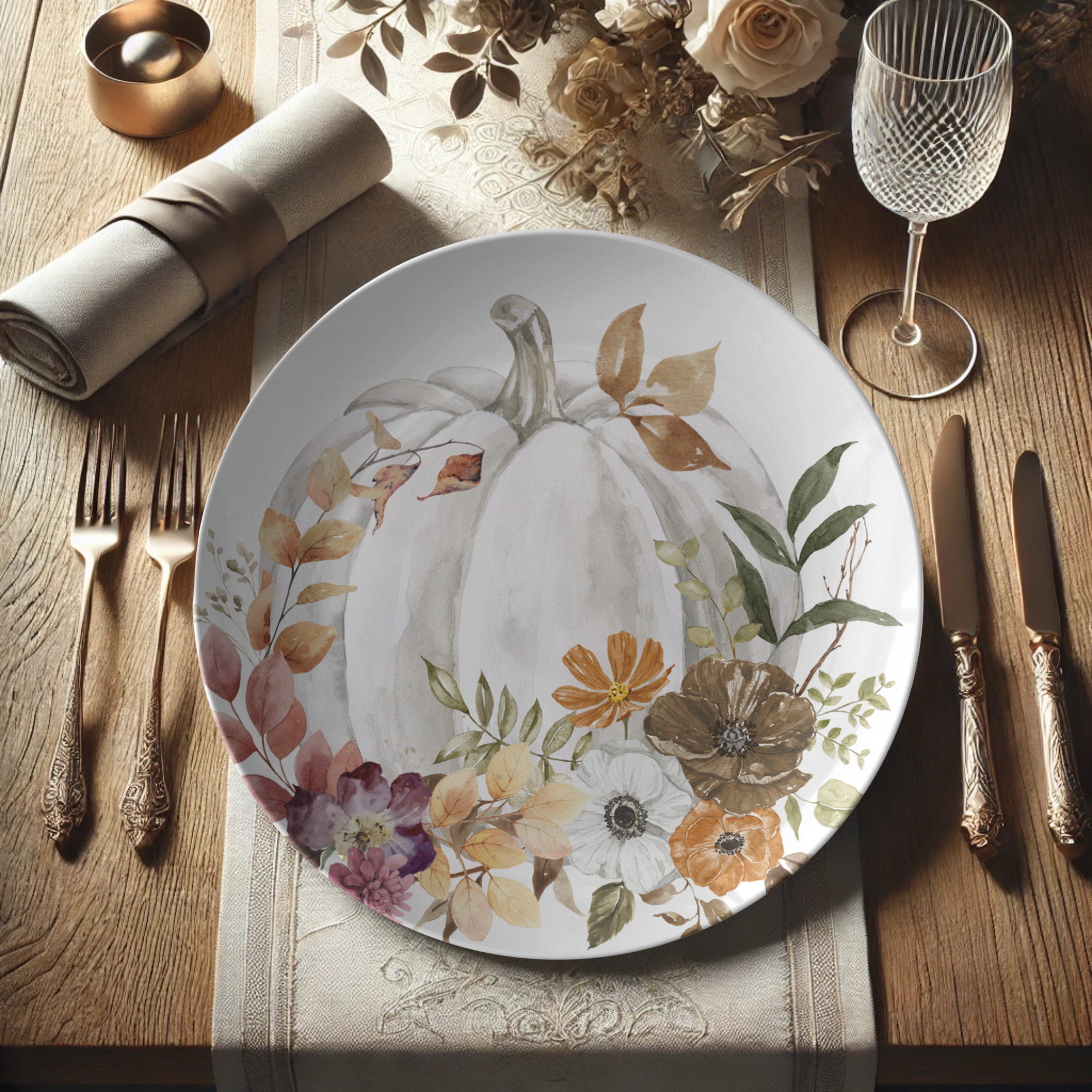 Durable White Pumpkin with Fall Design 10 Inch Plate Perfect for Autumn Décor, Thanksgiving Table Settings, Seasonal Dining, and Elegant Fall-Themed Dinnerware for Any Occasion - MRSBYVALLE