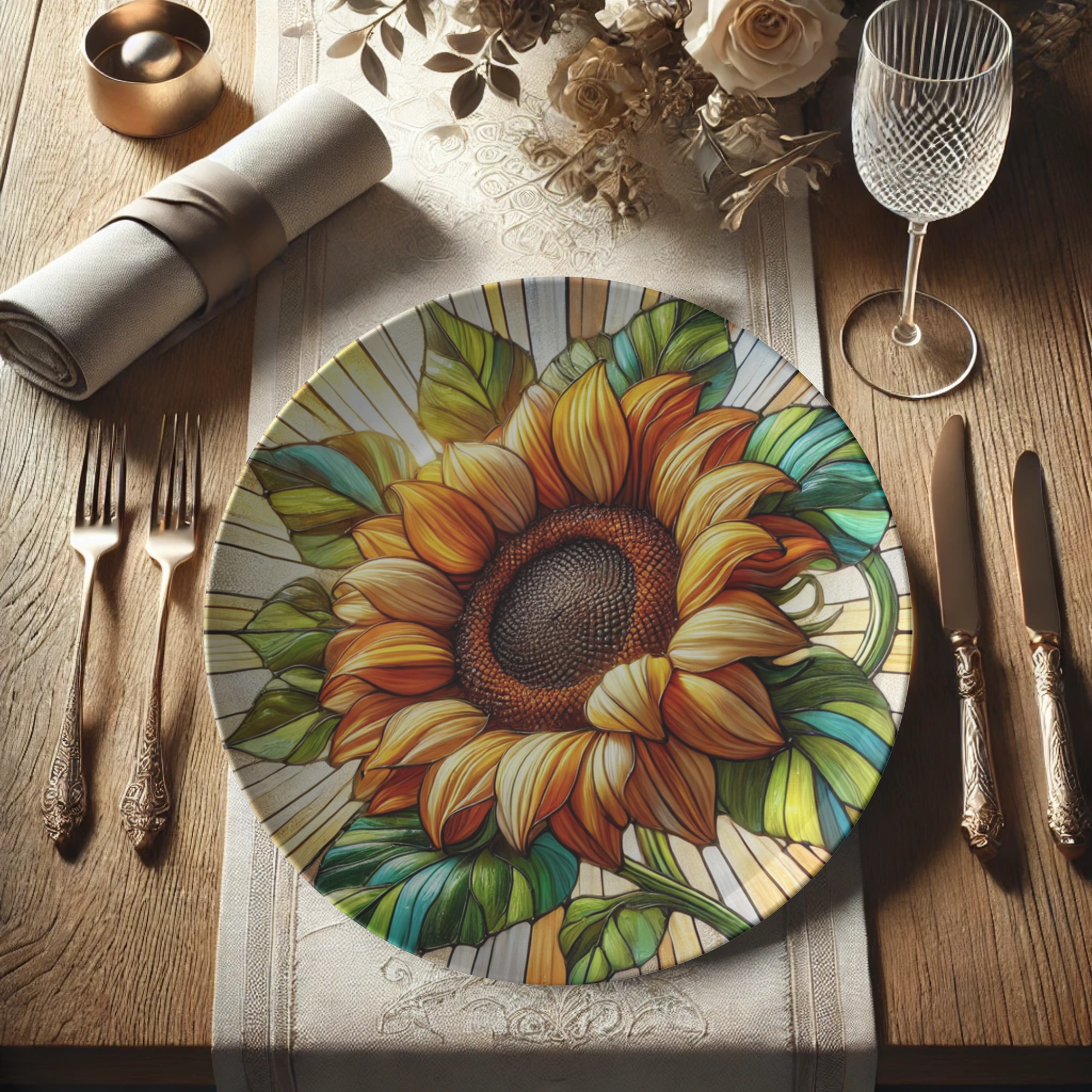 Stunning 10-Inch Sunflower Stained Glass Illusion Plate Elegant Decorative Plate with Vibrant Sunflower Perfect for Home Decor, Gifts, and Unique Table Settings - MRSBYVALLE