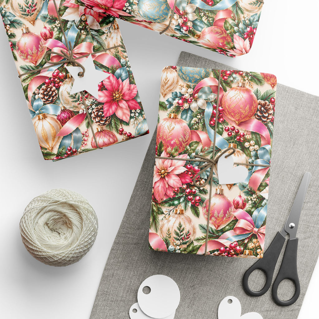 Pink Vintage Christmas Ornament Wrapping Paper