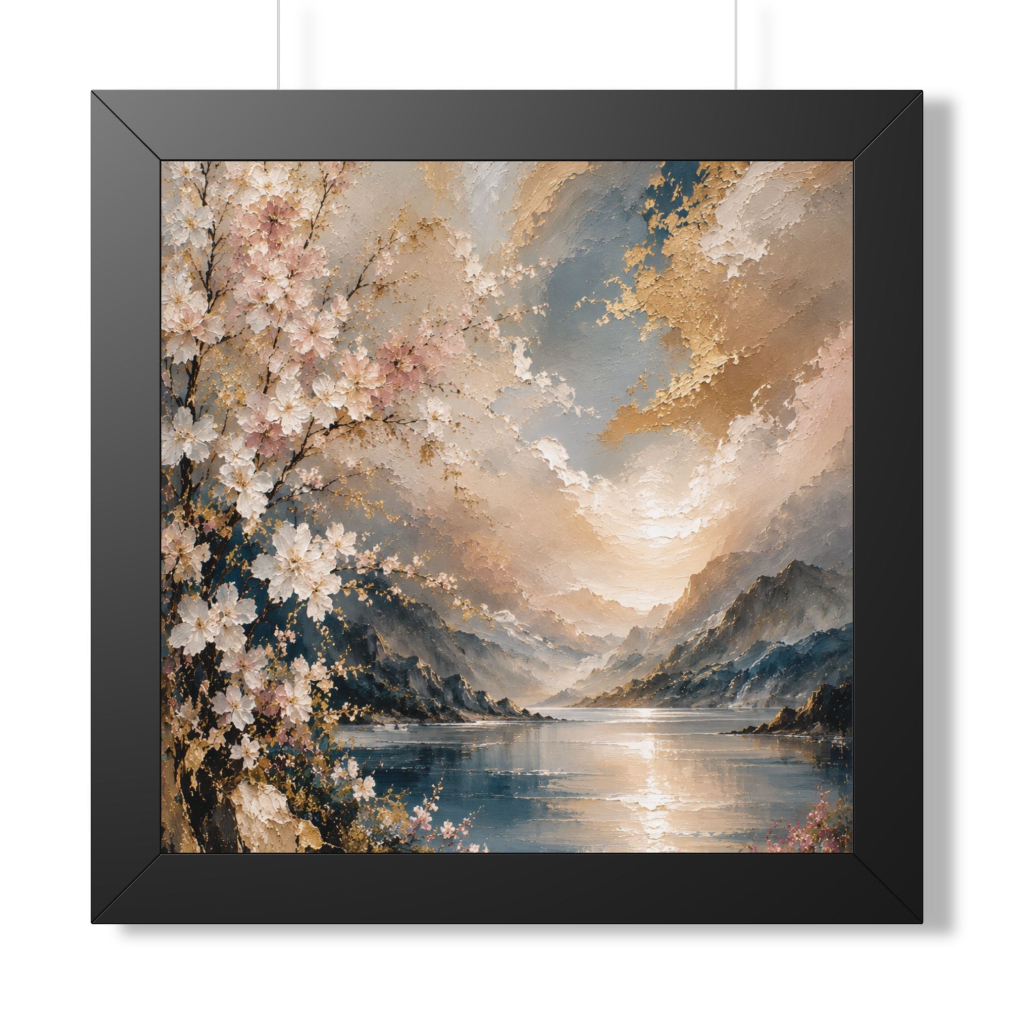 Sunlit Mountain Lake framed vertical poster | floral shoreline landscape