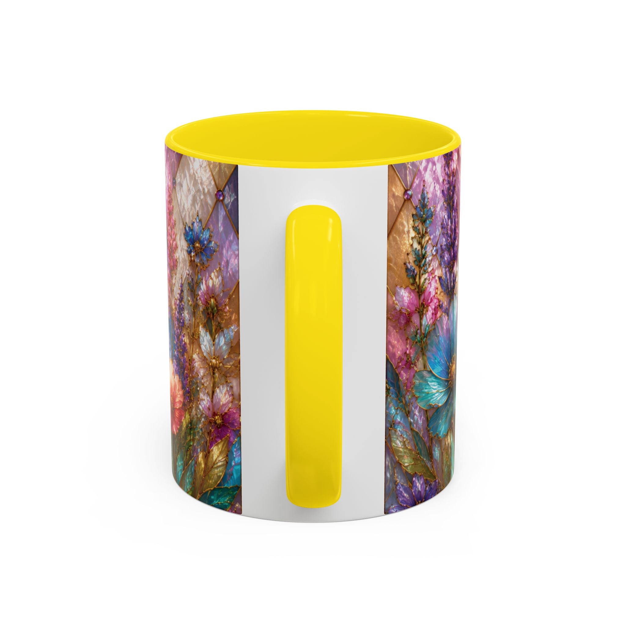 Floral Mosaic Accent Coffee Mug — Colorful Garden Flowers 11/15oz Stain Glass Illusion