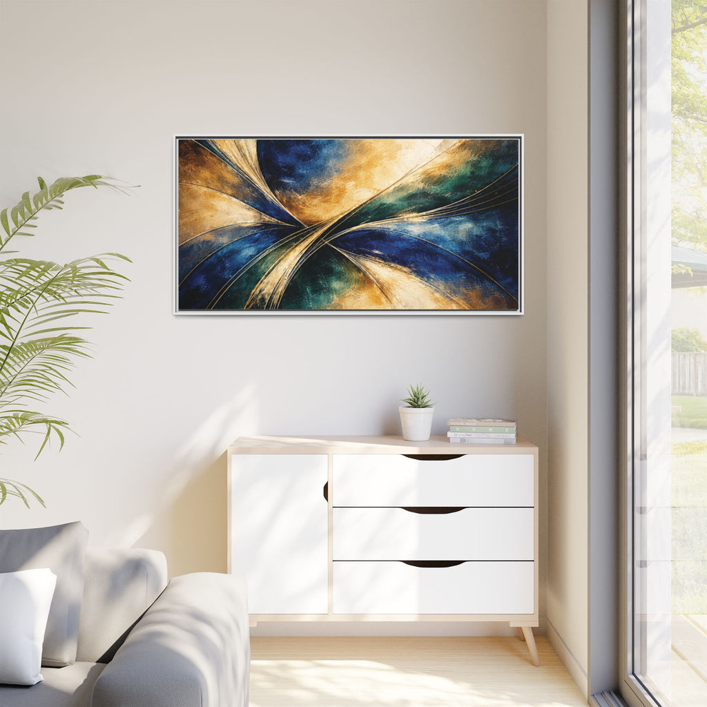 Gilded Convergence  Luxe NeoDeco Blue & Gold Abstract Wall Art Framed