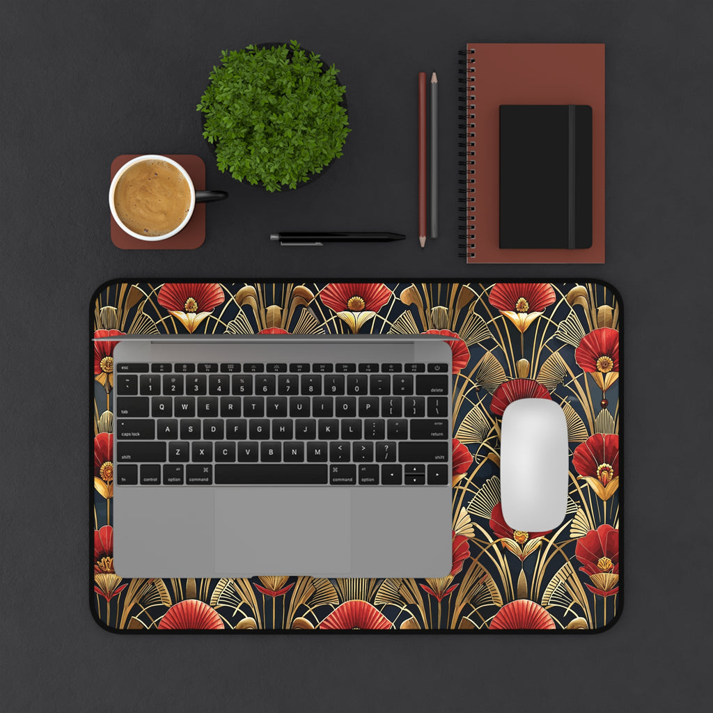 Tapis de bureau Art Déco Fleur Rouge Noir & Or — Tapis de souris floral vintage