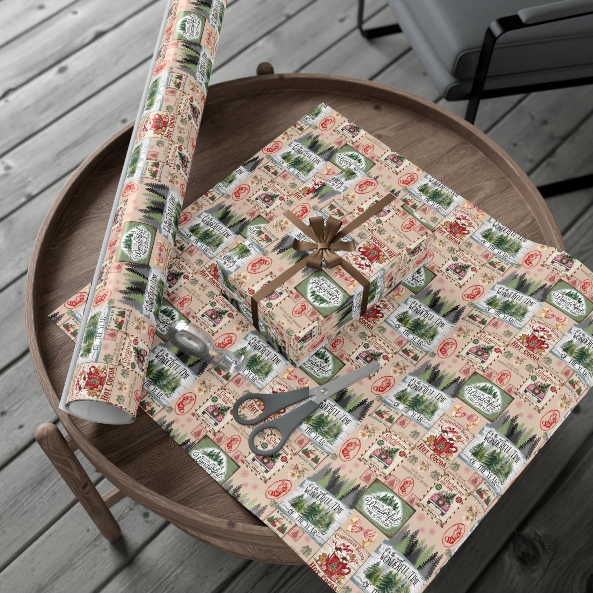 Christmas Wrapping Paper with Vintage Stamps Design  Perfect for Unique Holiday Gift Wrapping Premium Quality Gift Wrap for Luxurious Presentation - MRSBYVALLE