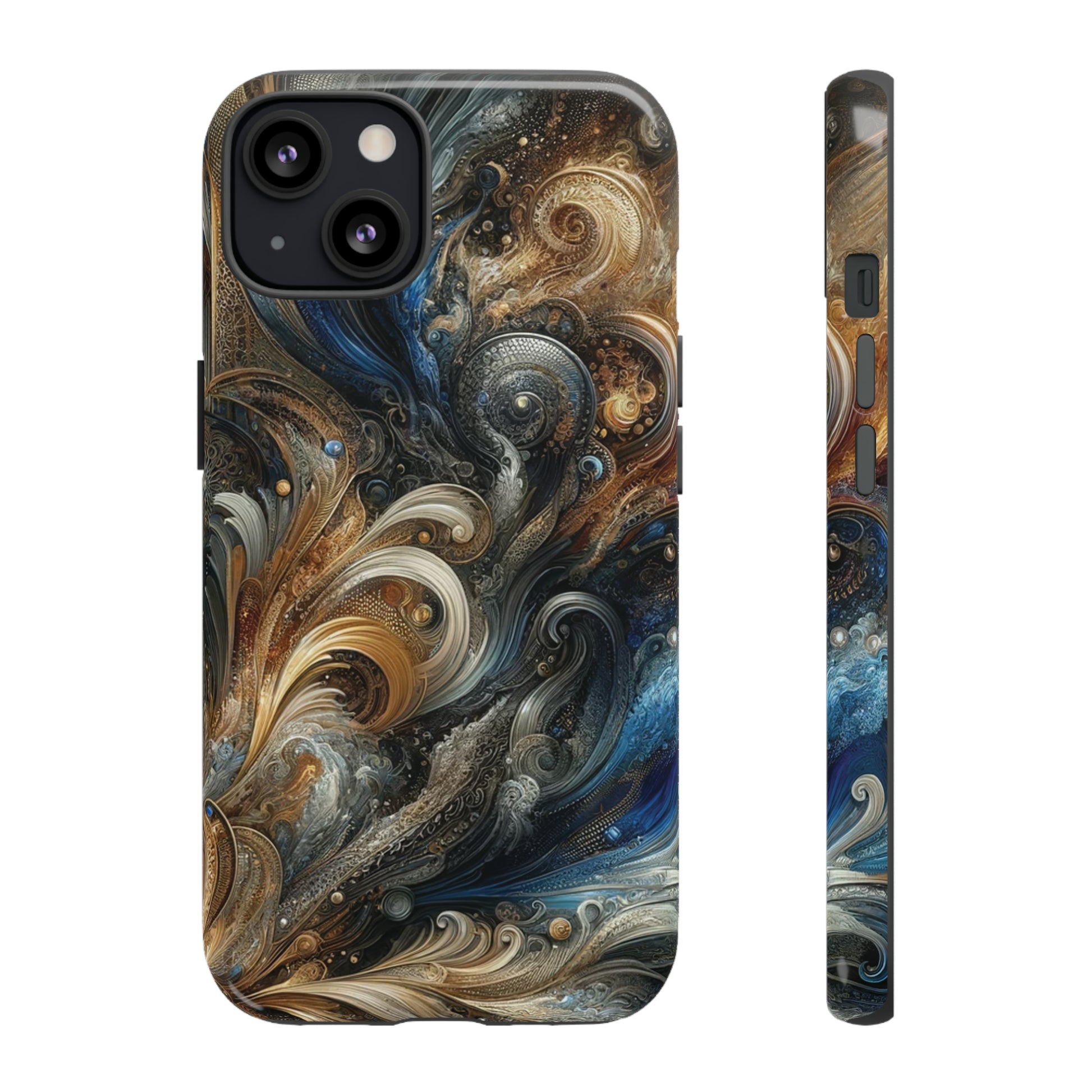 Gold and Navy Art Design Luxury Phone Tough Case Floral Elegant Durable Stylish for Modern Devices iPhone 15, Samsung iPhone Samsung Accessory Gift for Her.