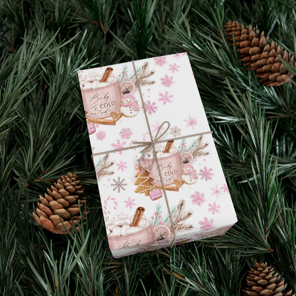 Baby it's Cold Outside Pink and White Wrapping Paper - Festive Holiday Design, Premium Quality, 100% Recyclable, Perfect for Christmas Gifts and Special Occasions - MRSBYVALLE