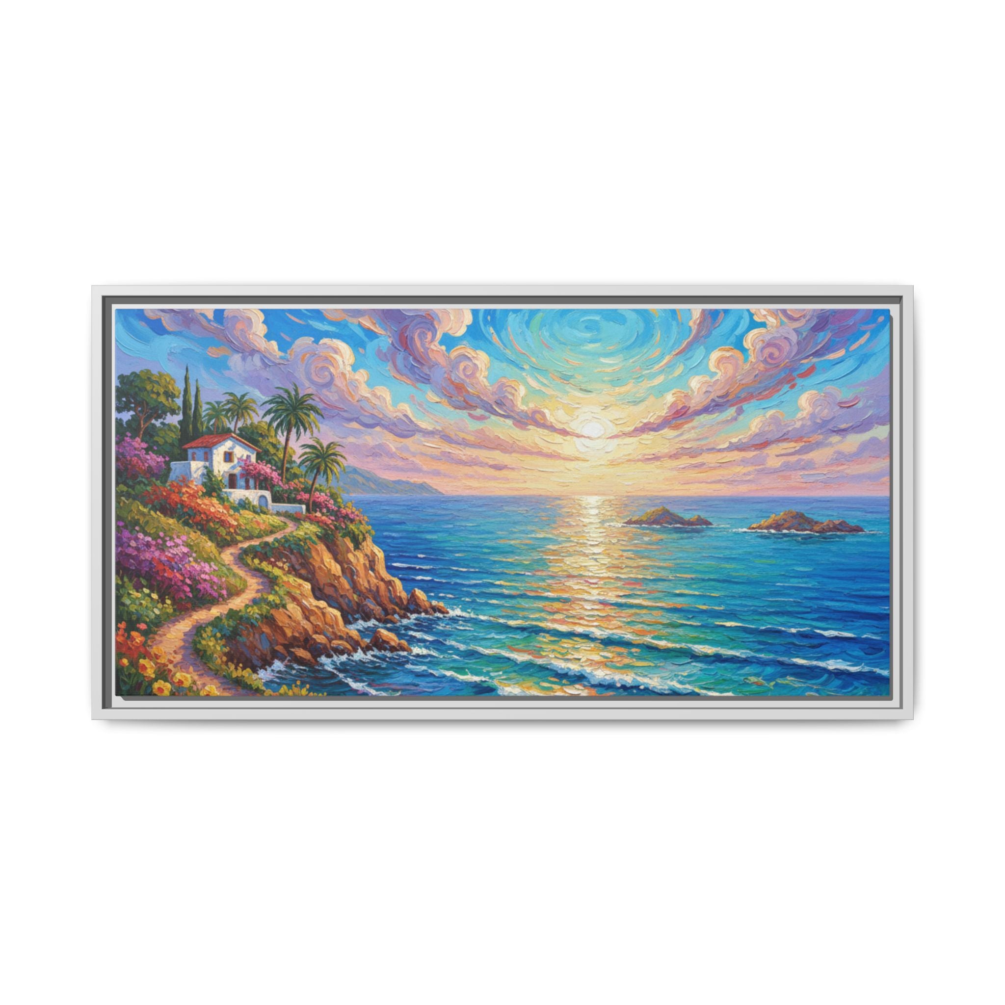 Ocean Floral Print Canvas | Bright Colorful Seascape Wall Art, Framed Matte Office Art Work