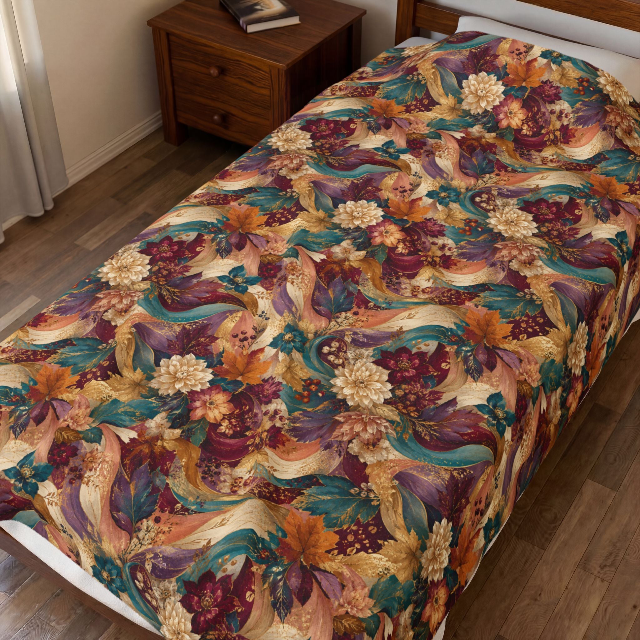 Autumn Floral Velveteen Plush Blanket Cozy Vintage  Throw Luxury Botanical Velveteen Plush Blanket Burgundy Teal Gold