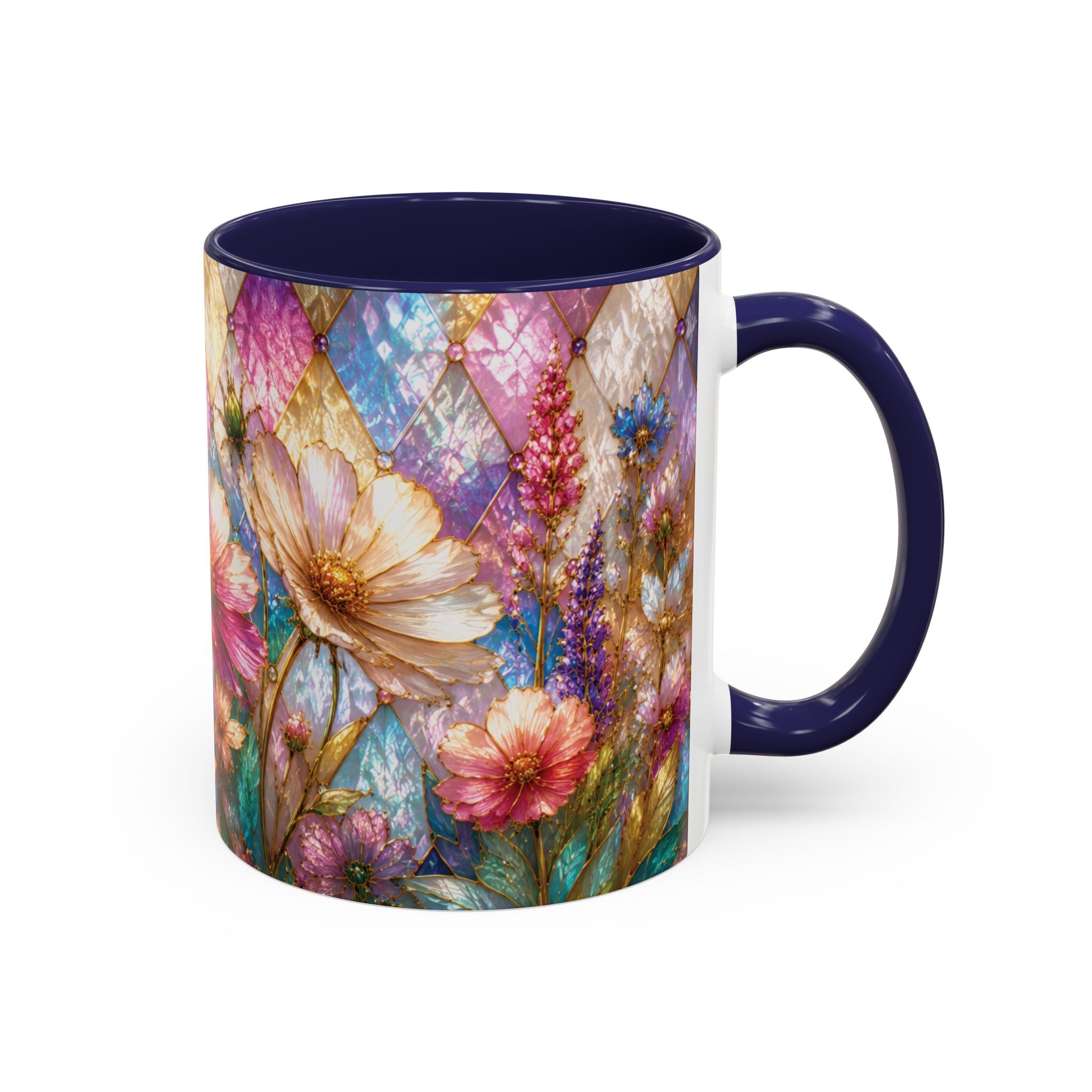 Floral Mosaic Accent Coffee Mug — Colorful Garden Flowers 11/15oz Stain Glass Illusion