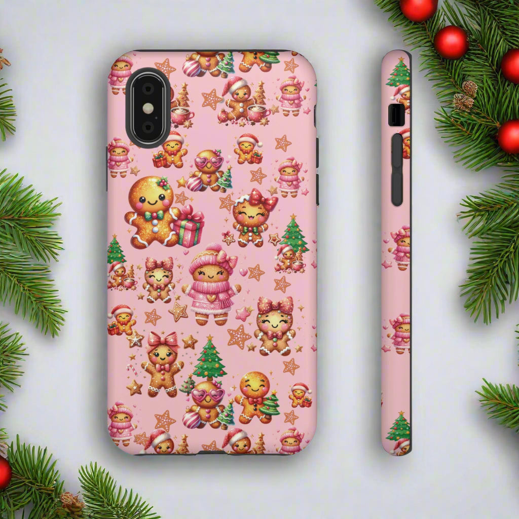 Phone case with Christmas-themed design on a pink background