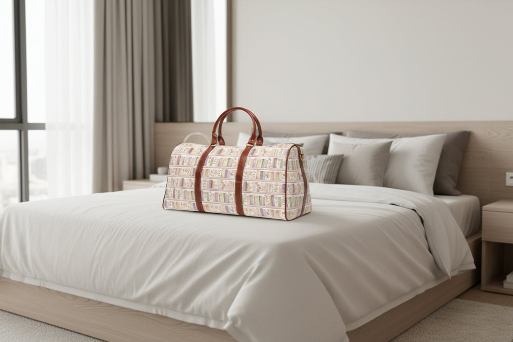 Patterned travel bag with brown handles on a white background