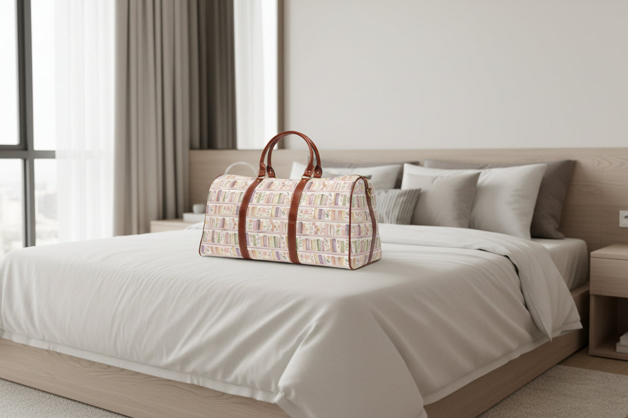 Patterned travel bag with brown handles on a white background