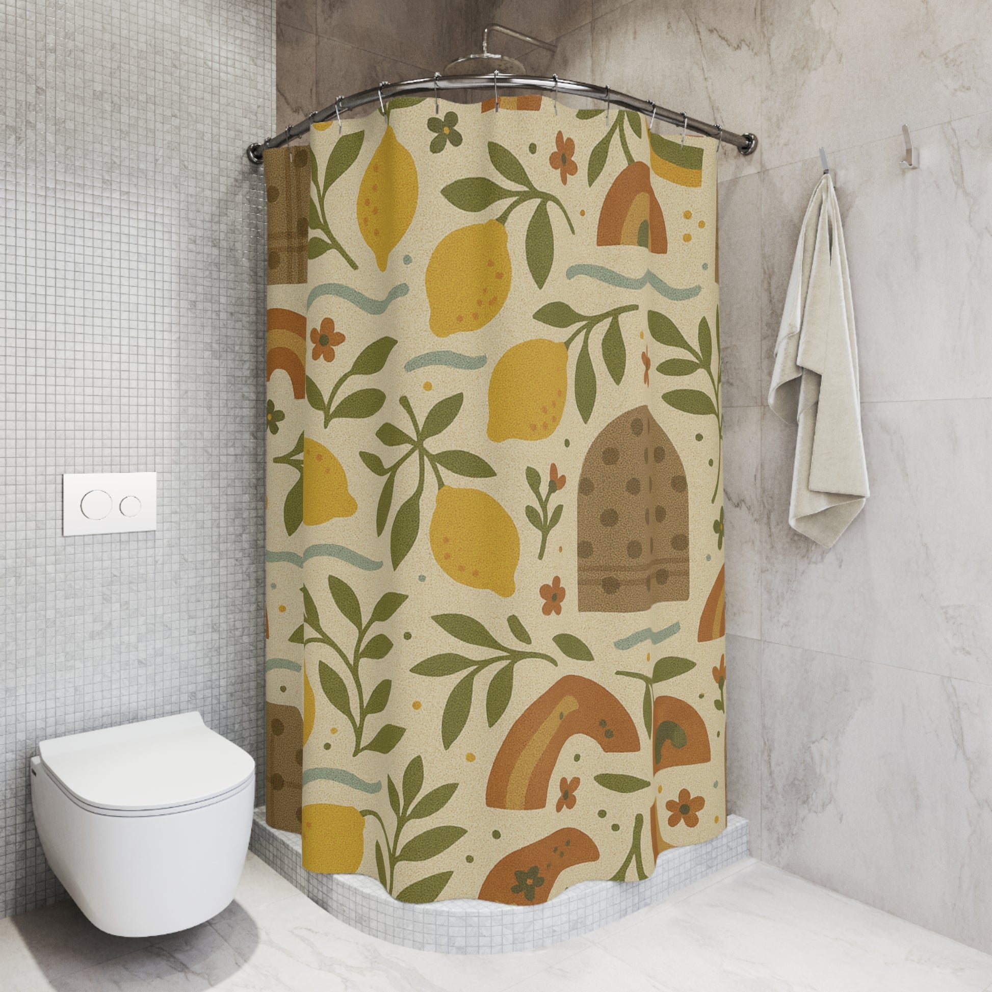 Boho Lemon Shower Curtain Yellow Lemons & Lavender Floral Print, 71x74 Inches, Modern Boho Bathroom Decor, Waterproof Fabric, Hooks Not Included