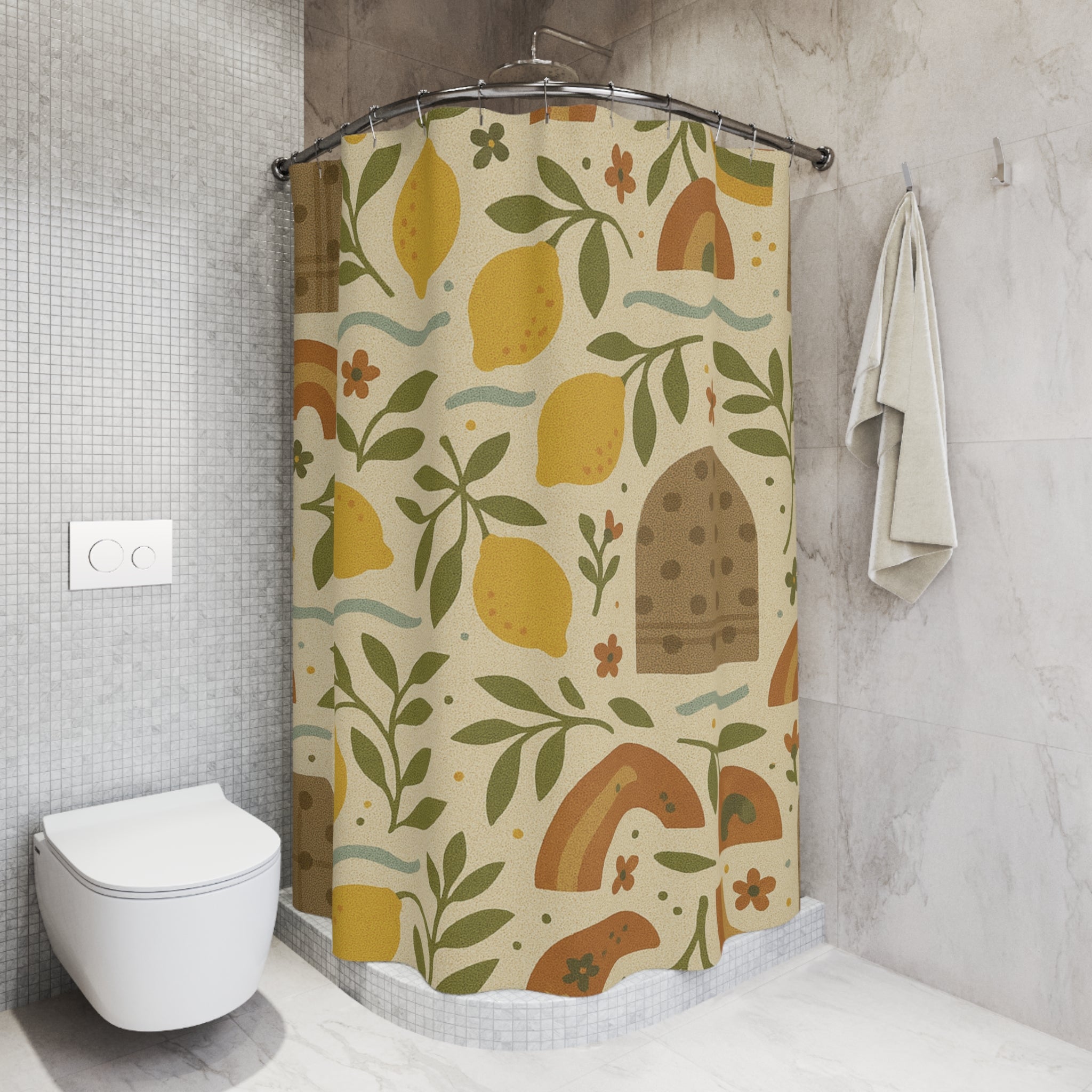 Boho Lemon Shower Curtain Yellow Lemons & Lavender Floral Print, 71x74 Inches, Modern Boho Bathroom Decor, Waterproof Fabric, Hooks Not Included