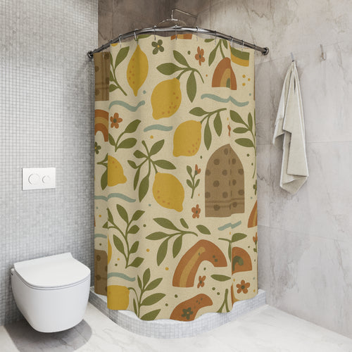 Boho Lemon Shower Curtain Yellow Lemons & Lavender Floral Print, 71x74 Inches, Modern Boho Bathroom Decor, Waterproof Fabric, Hooks Not Included