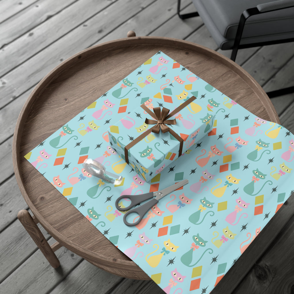 Papier cadeau chat atomique, papier cadeau rétro, motif chaton pastel du milieu du siècle, fêtes vintage 30x20, 30x72, 30x144 Parfait pour toutes les occasions