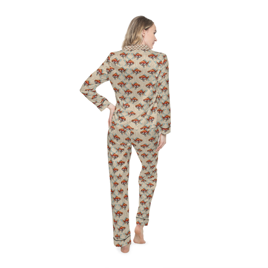 Women’s Luxury Satin Pajama Set – Telescope Goldfish Print Sleepwear Perfect Gift