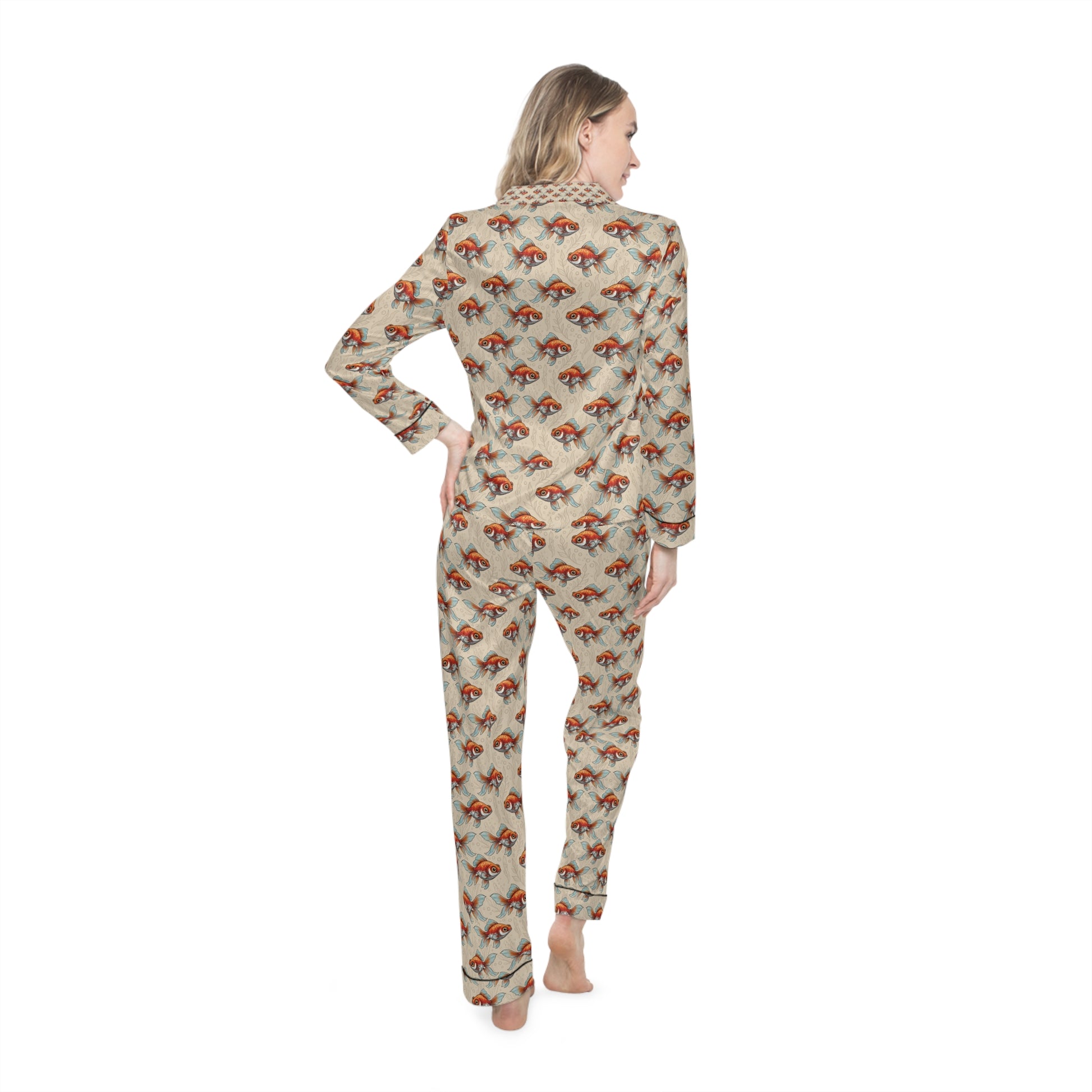 Women’s Luxury Satin Pajama Set – Telescope Goldfish Print Sleepwear Perfect Gift