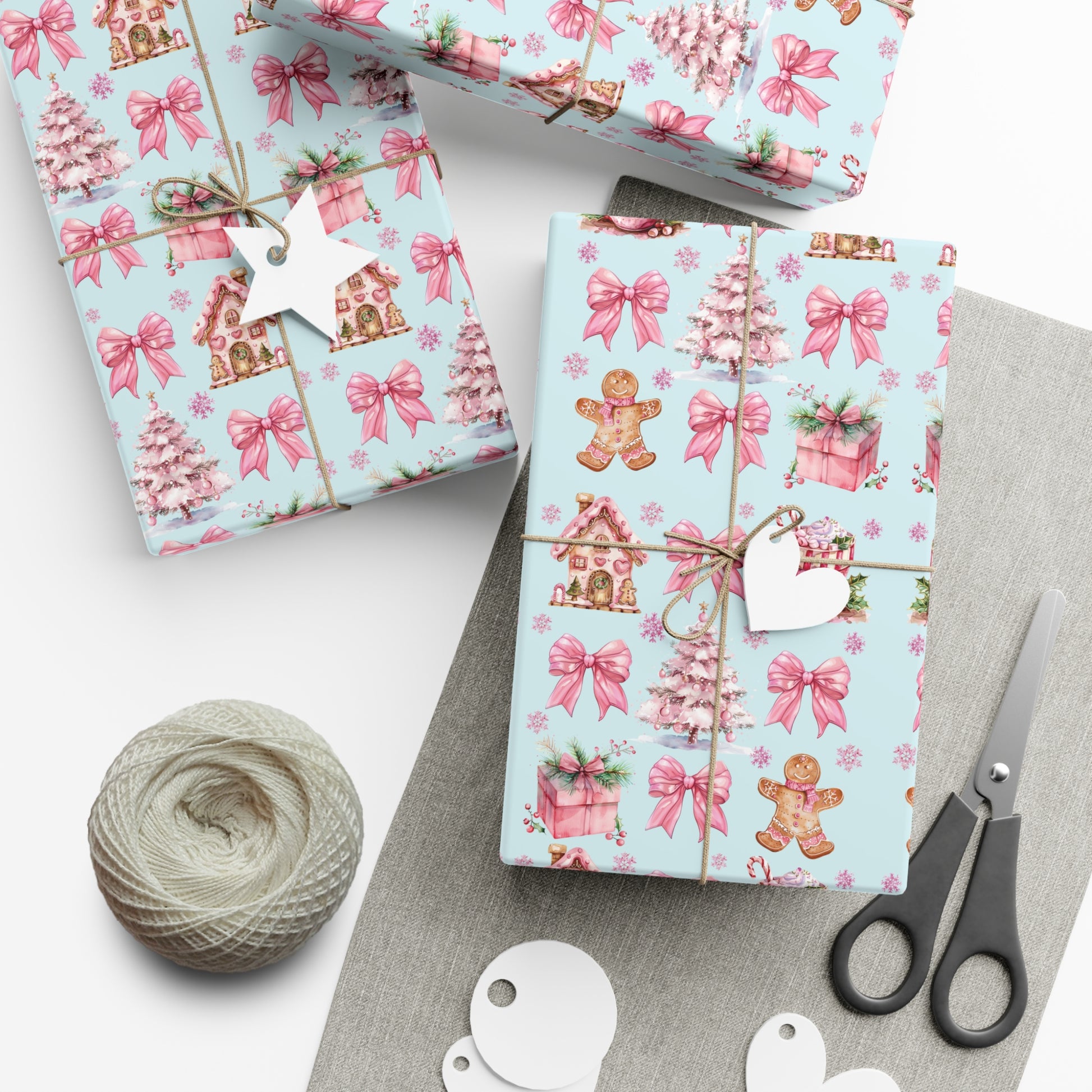 Coquette Pink Gingerbread House Man Wrapping Paper with Adorable Pink Bows Perfect for Whimsical Christmas Gift Wrap | Festive Holiday Present Wrapping Sheets - MRSBYVALLE