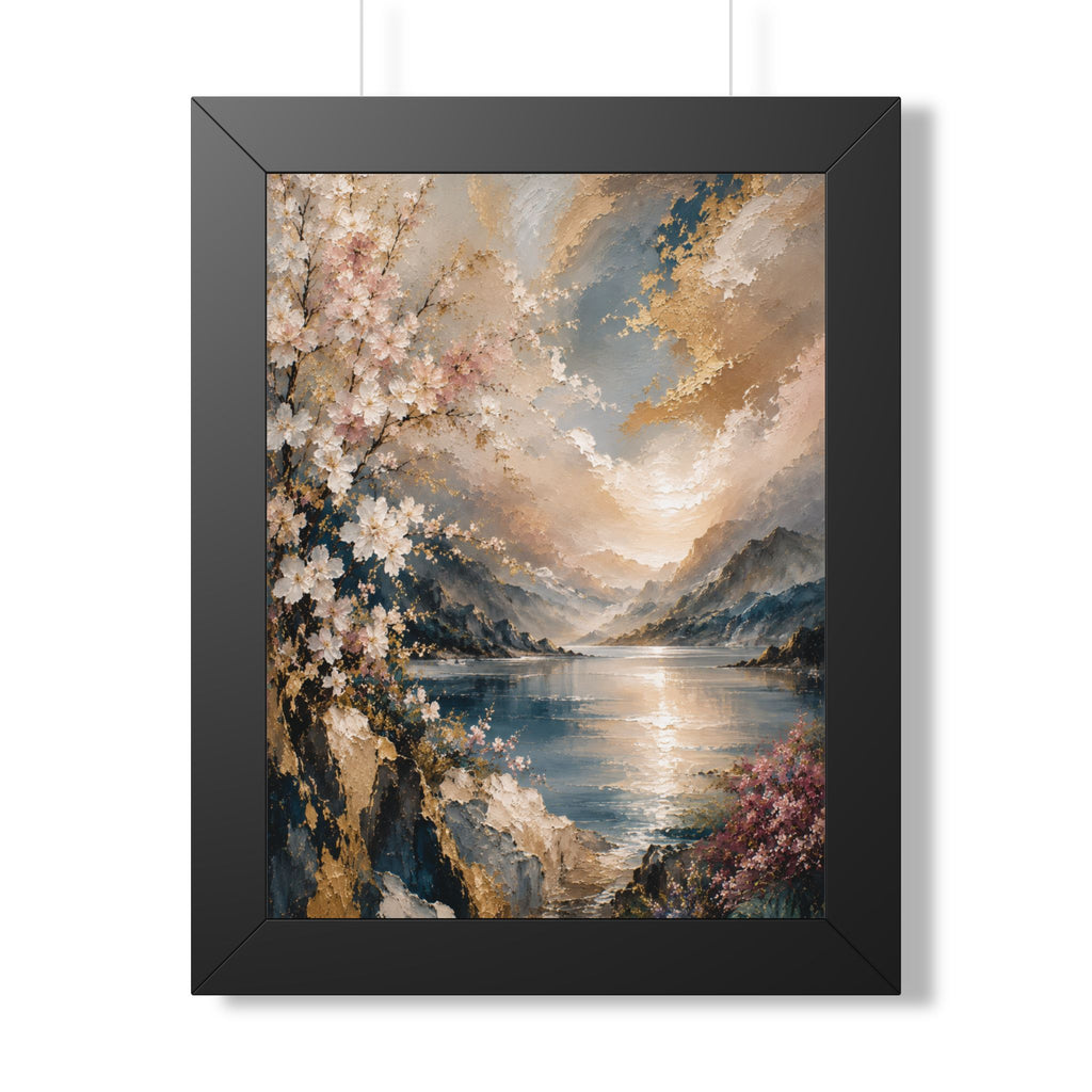 Sunlit Mountain Lake framed vertical poster | floral shoreline landscape