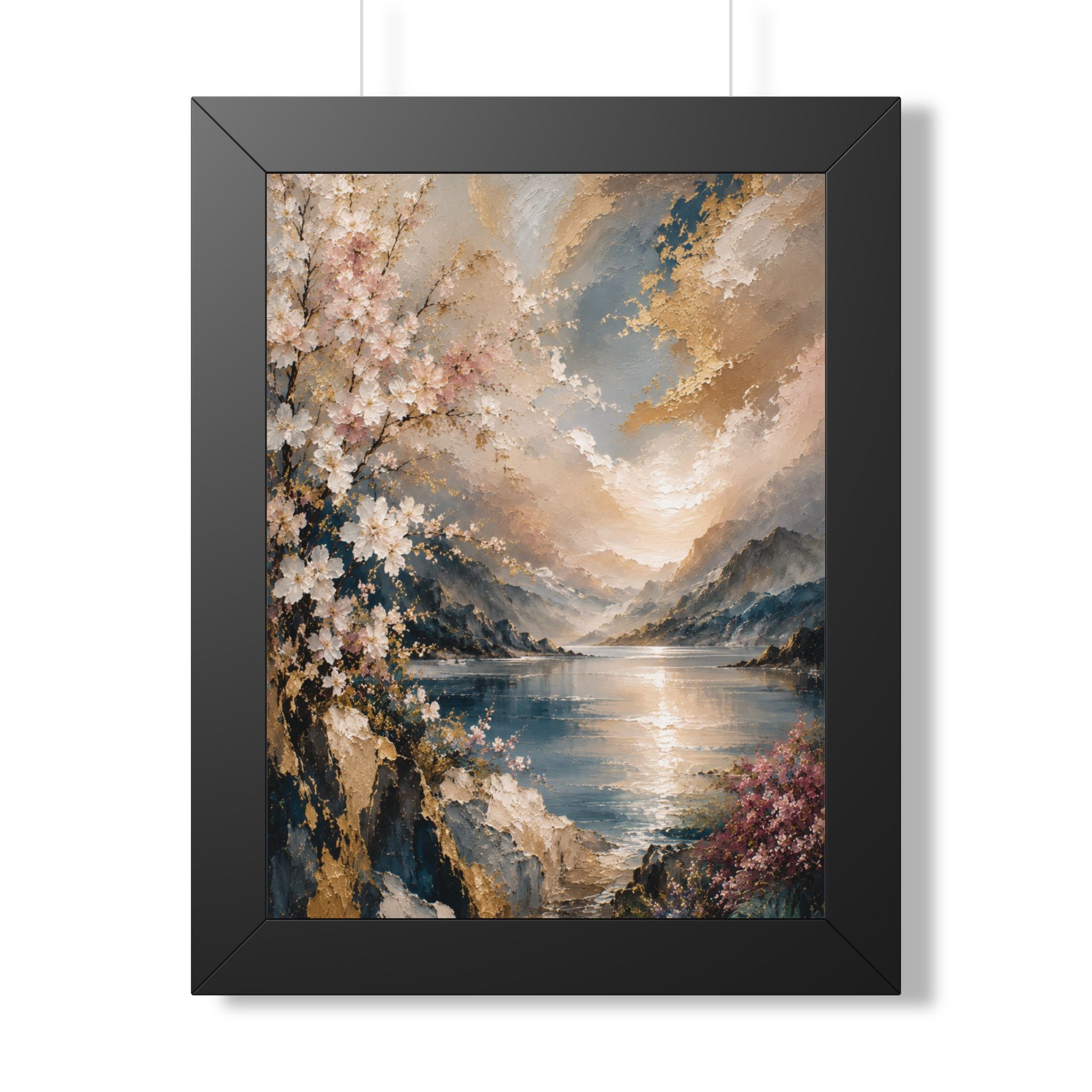 Sunlit Mountain Lake framed vertical poster | floral shoreline landscape