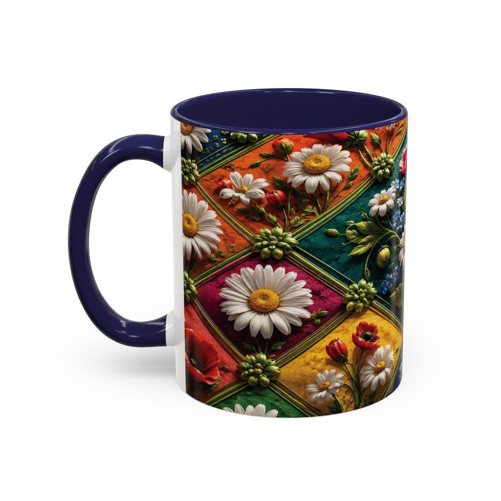 Floral Patchwork Accent Coffee Mug — Colorful Poppies & Daisies (11/15oz) 3D Illusion