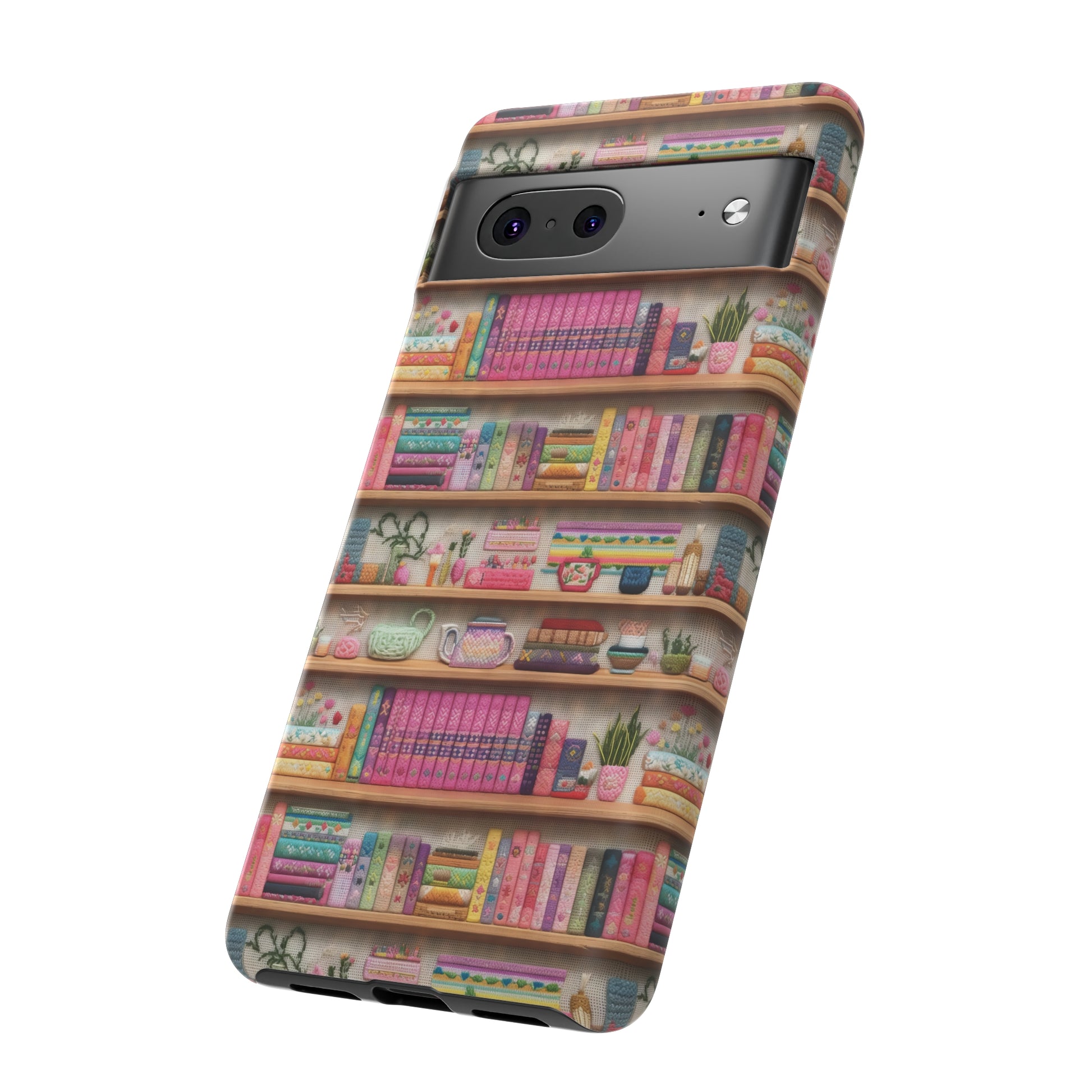 Phone Case 3D Illusion Books & Shelf Embroidery Design with Vibrant Colors Gift for Her Phone 15, Samsung iPhone Samsung Gift for Her Case iPhone 15, Samsung iPhone Samsung Accessory Gift for Her.