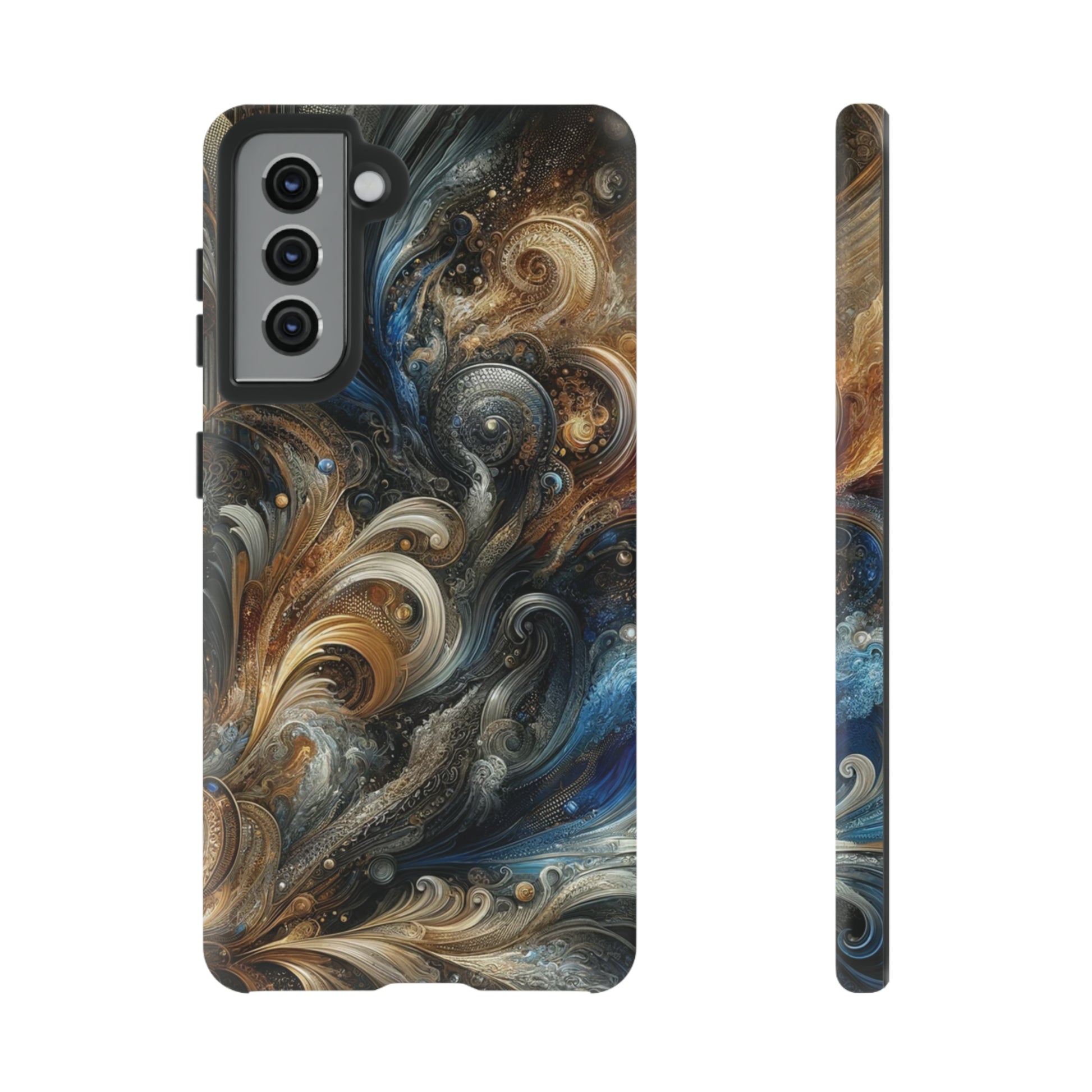 Gold and Navy Art Design Luxury Phone Tough Case Floral Elegant Durable Stylish for Modern Devices iPhone 15, Samsung iPhone Samsung Accessory Gift for Her.