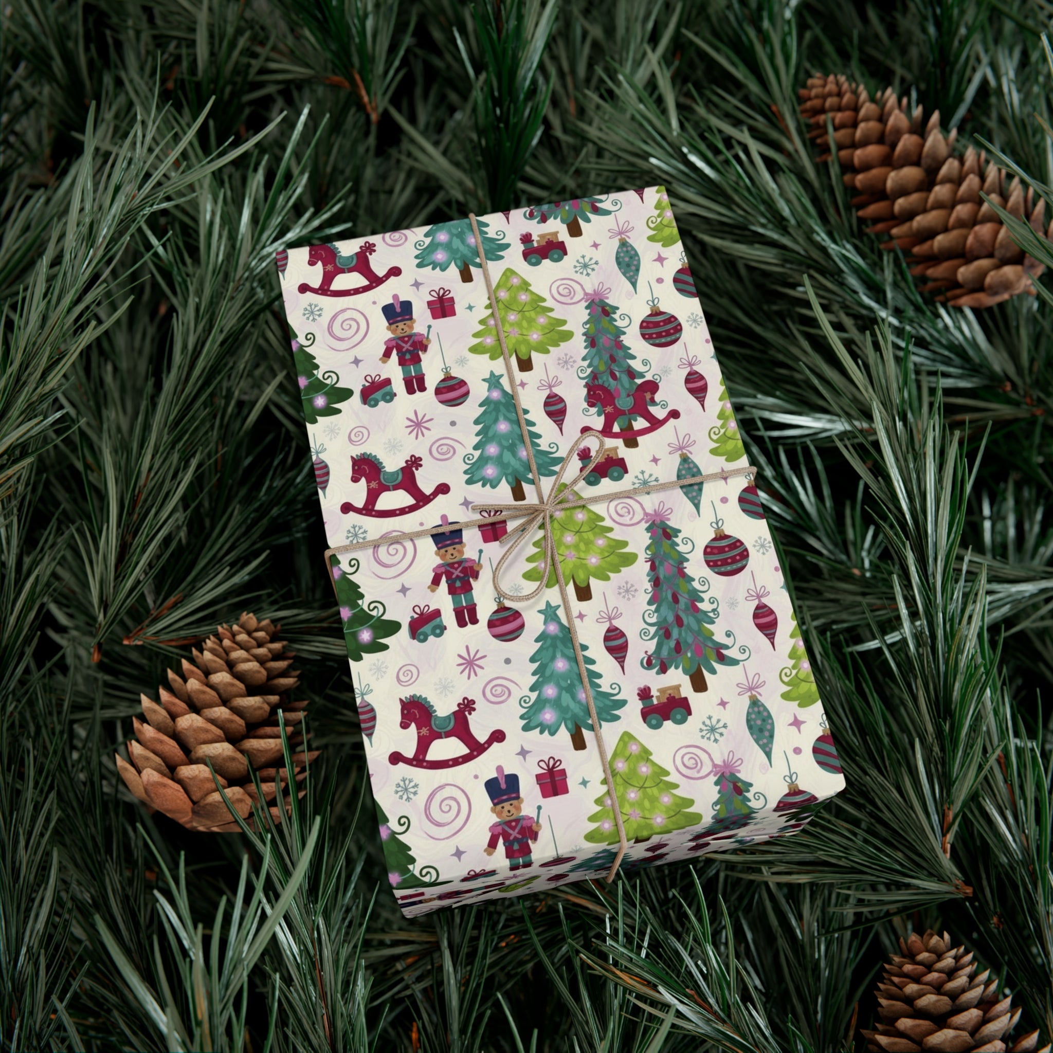 Festive Christmas wrapping paper with toys, trees & holiday icons. Available in 3 sizes—perfect for gifts, parties & seasonal décor.