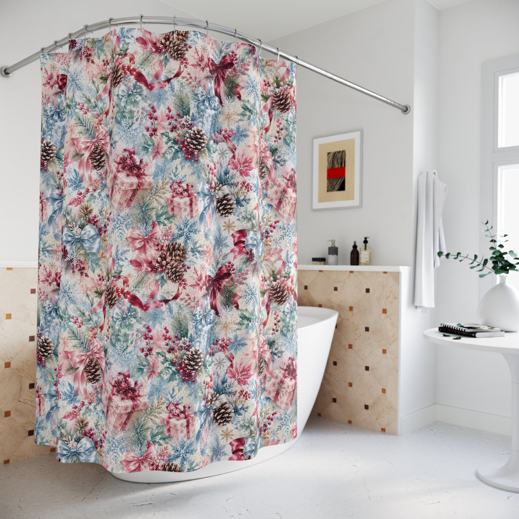 Winter Pinecone Pattern Shower Curtain | Holiday Snowflake Bathroom Decor Icy blues and Pinks