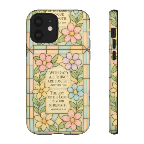 Pastel Stained Glass Bible Verse Phone Case Christian Affirmation Cover, Soft Geometric Design, iPhone Samsung Google, Faith Gift for Her Bible Verse or Affirmation | Protective, Inspirational Gift for Christians