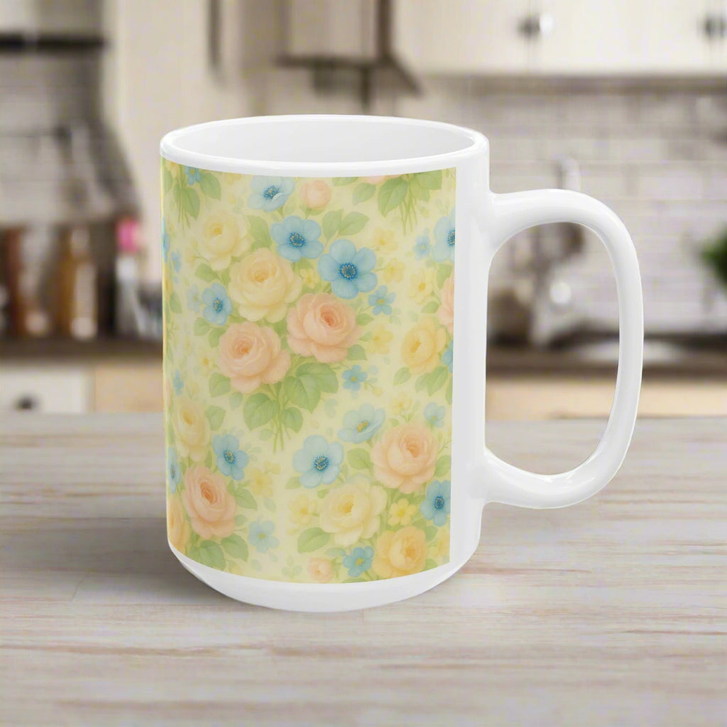 White mug with floral pattern on a white background