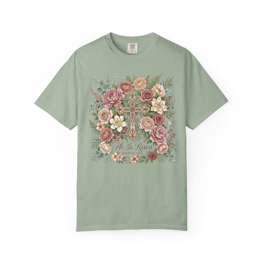He Is Risen Floral Cross T-Shirt Christian Gift