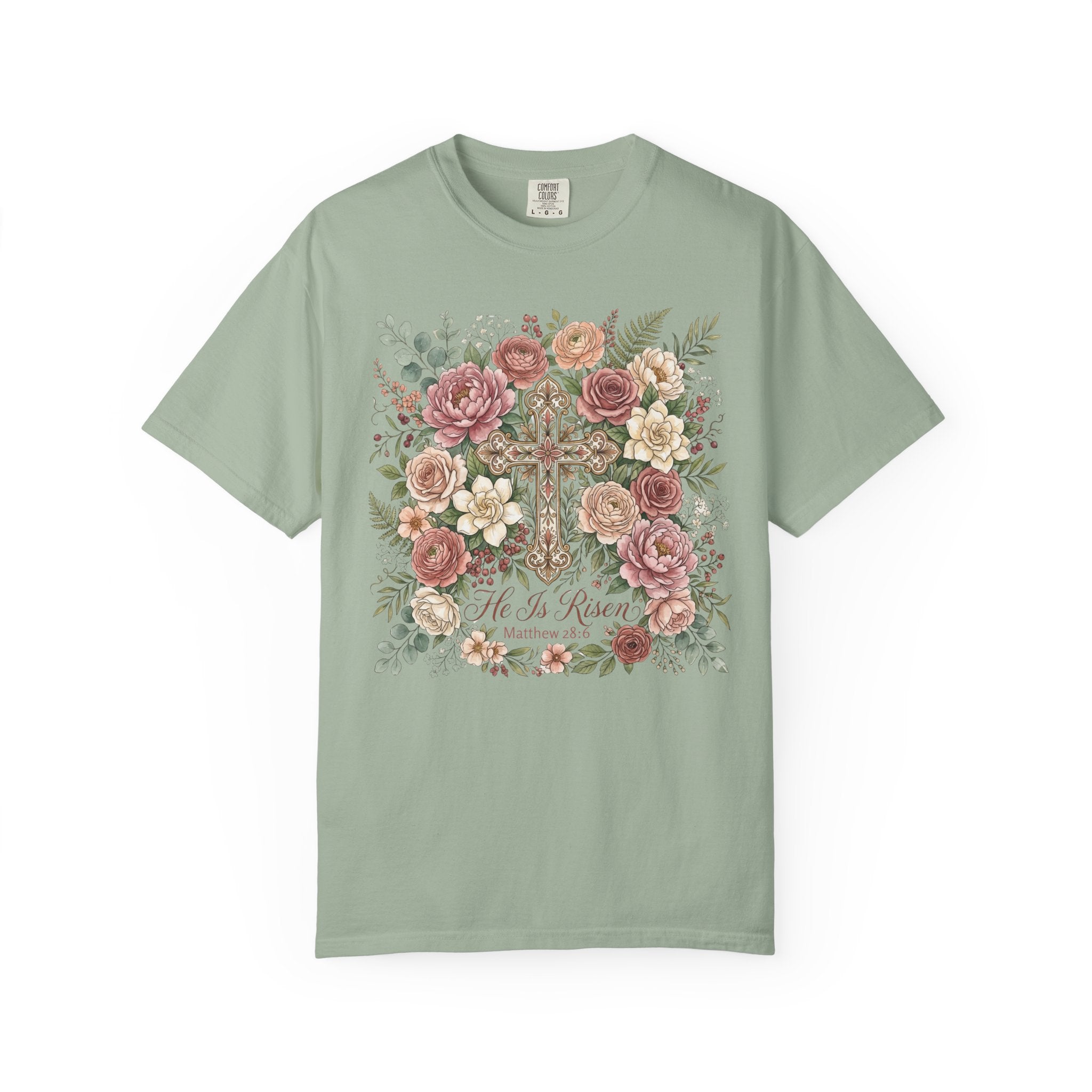He Is Risen Floral Cross T-Shirt Christian Gift