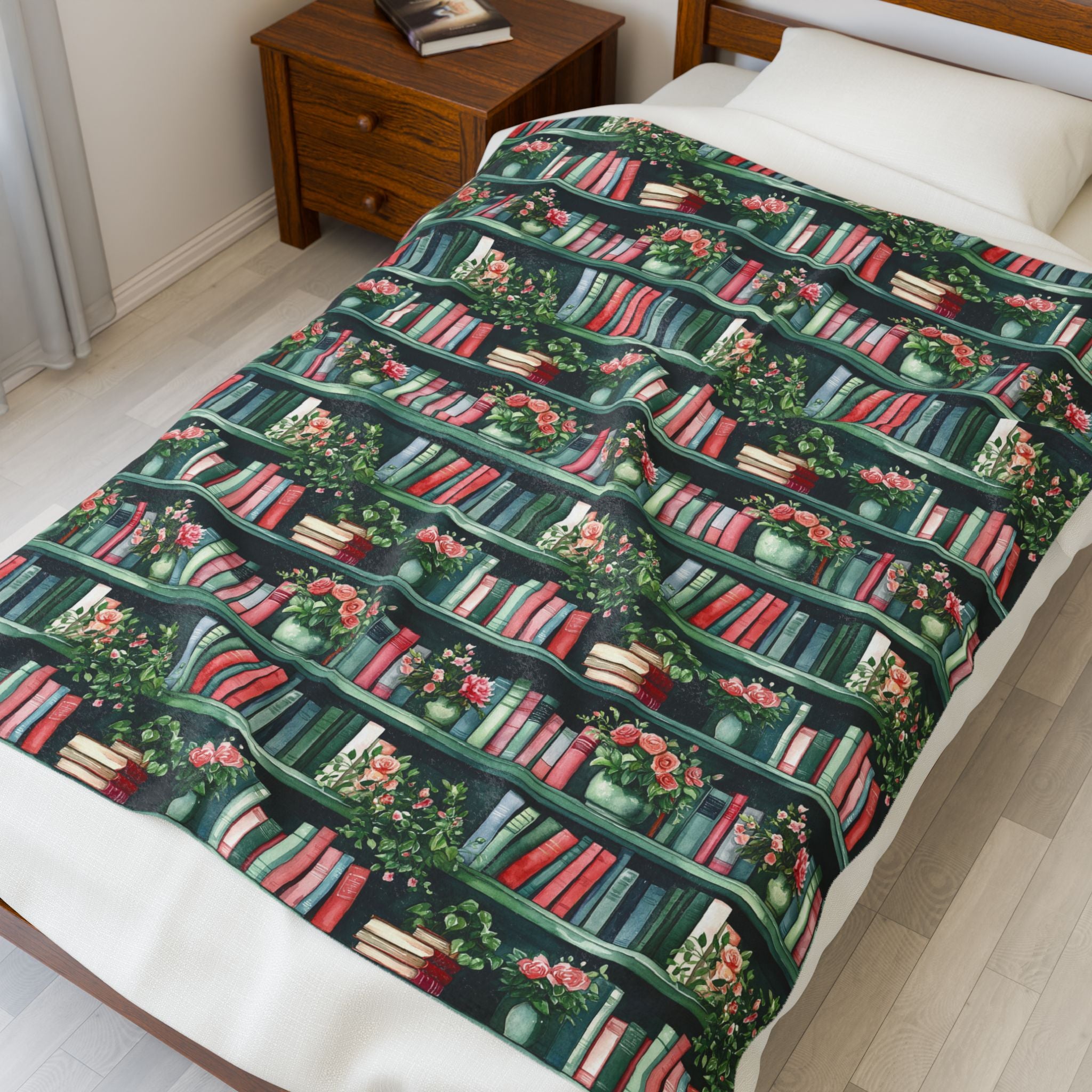 Couverture en peluche Velveteen — Plaid douillet « Livres et fleurs » pour lecteurs et enseignants