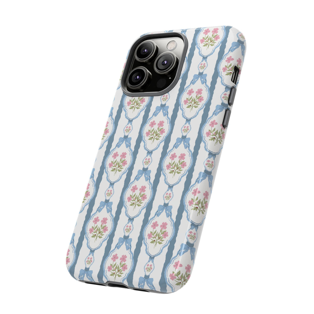 Coque de téléphone Vintage Nœud Bleu et Rose — Motif floral romantique « Tough Cases »