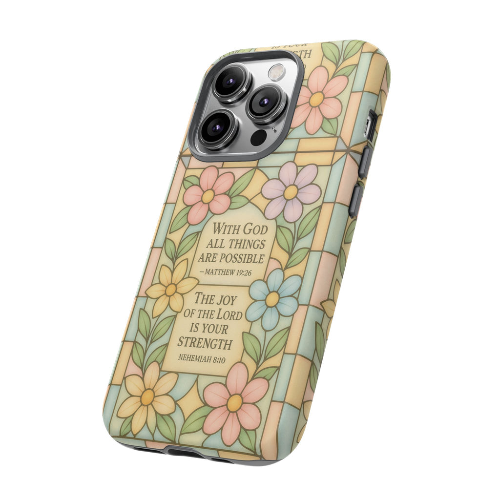 Pastel Stained Glass Bible Verse Phone Case Christian Affirmation Cover, Soft Geometric Design, iPhone Samsung Google, Faith Gift for Her Bible Verse or Affirmation | Protective, Inspirational Gift for Christians